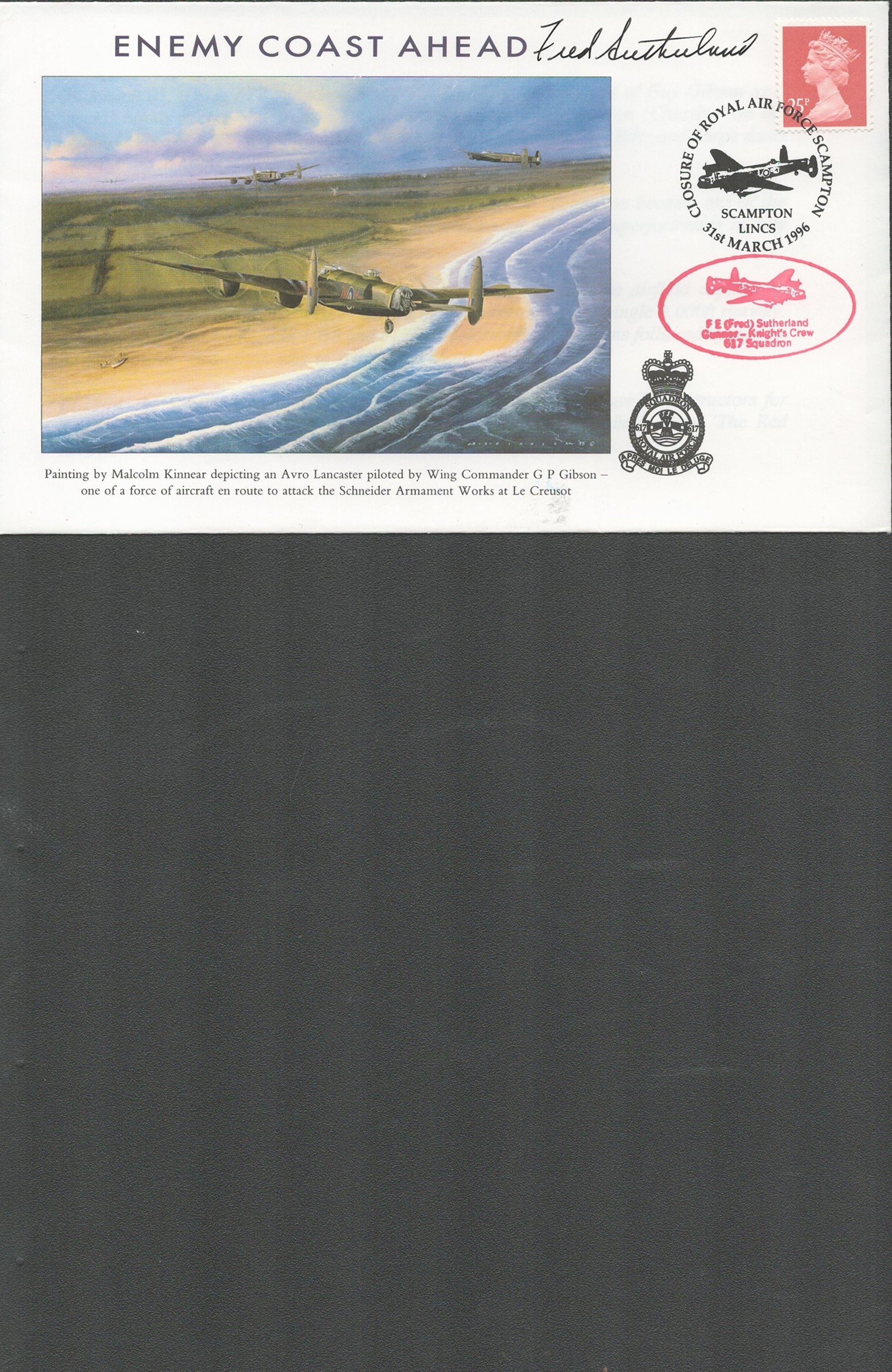WW2 Dambuster Fred Sutherland Signed Enemy Coast Ahead FDC, With Postmarks and Stamps. Painting by
