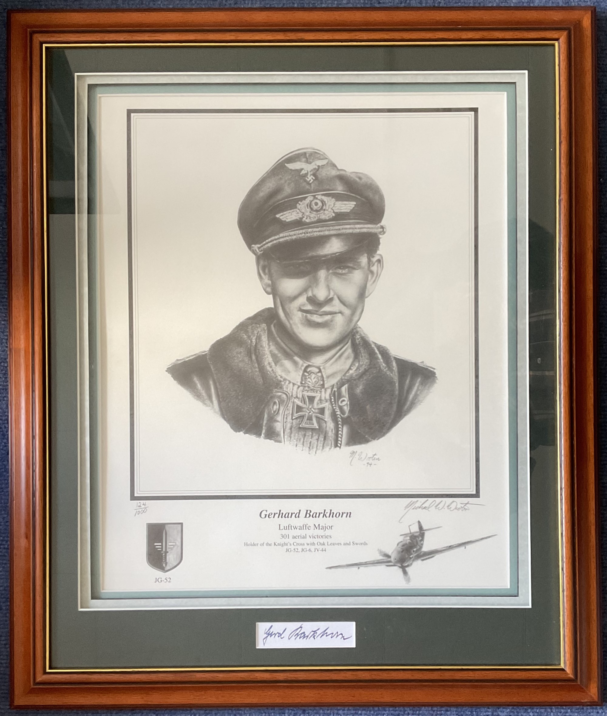 WW2 Luftwaffe Major Gerhard Barkhorn Signed Signature Piece and Black and White Print in