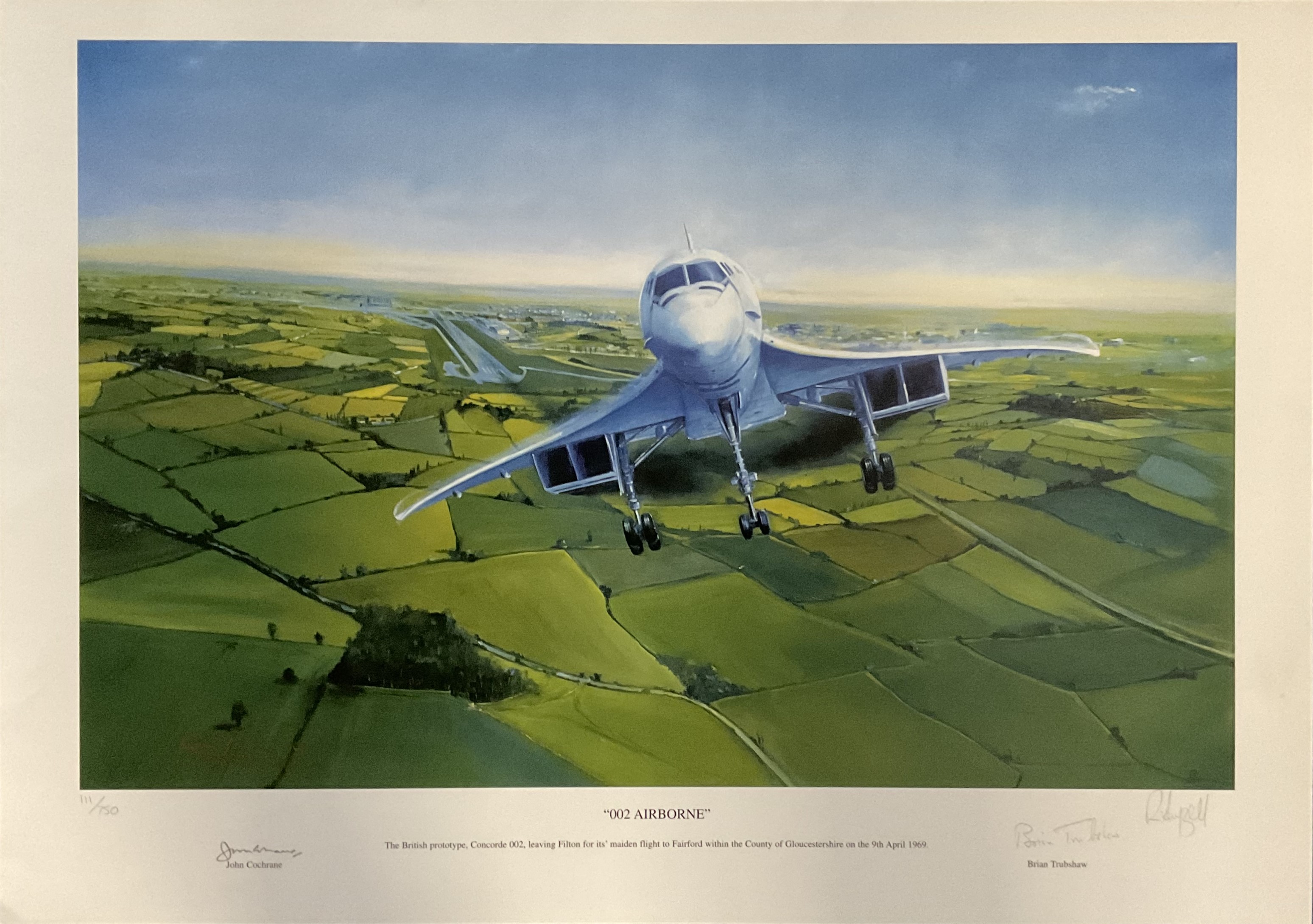 RAF Colour Print Titled 002 Airborne Signed by John Cochrane, Brian Trubshaw and the Artist Roy