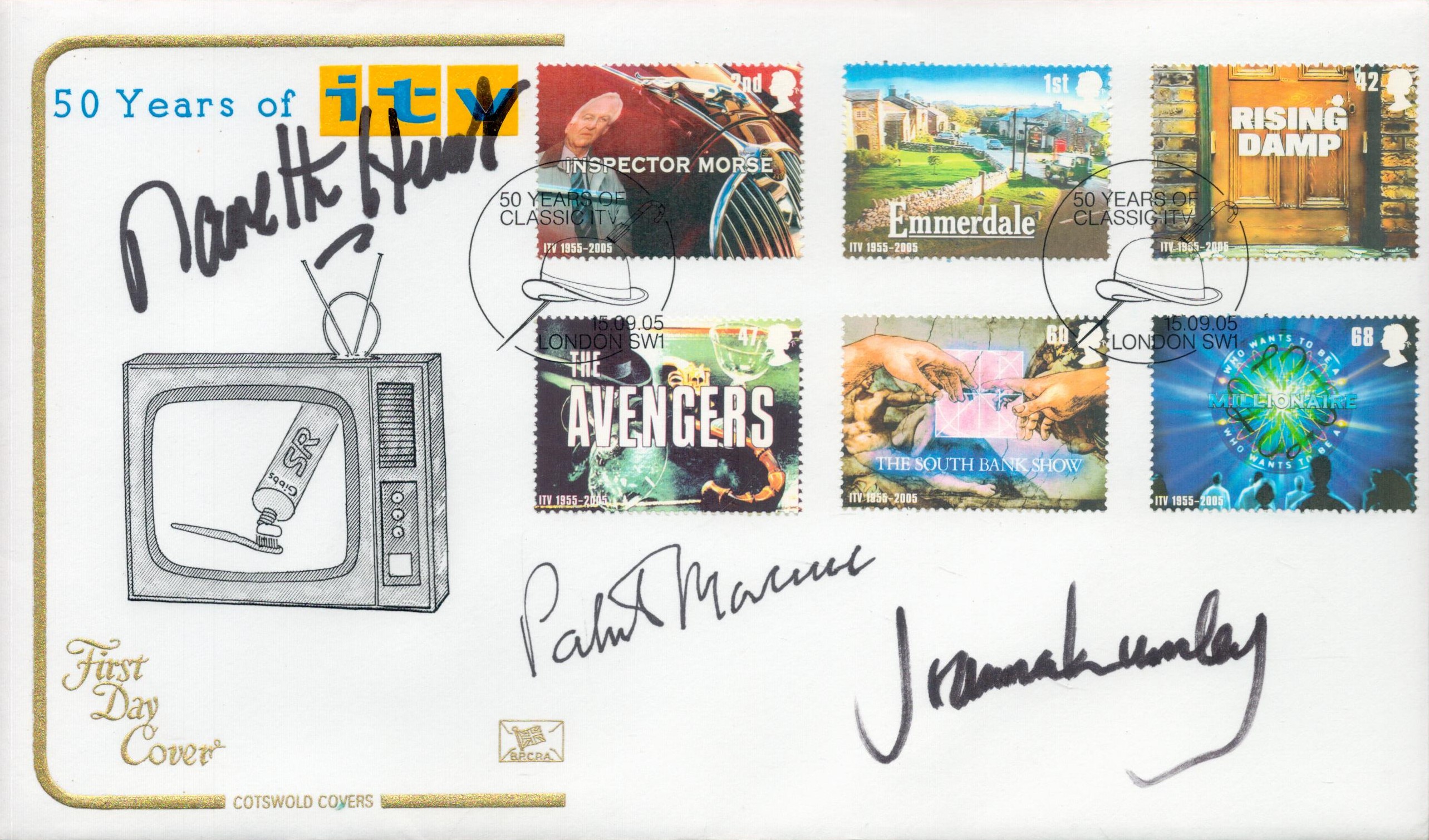 The New Avengers, a Cotswold Covers '50 Years of TV' FDC signed by the three stars of the cult