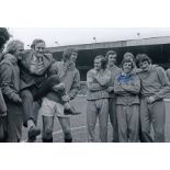 Autographed John Giles 12 X 8 Photo b/w, Depicting Leeds United Manager Don Revie Being Held Aloft