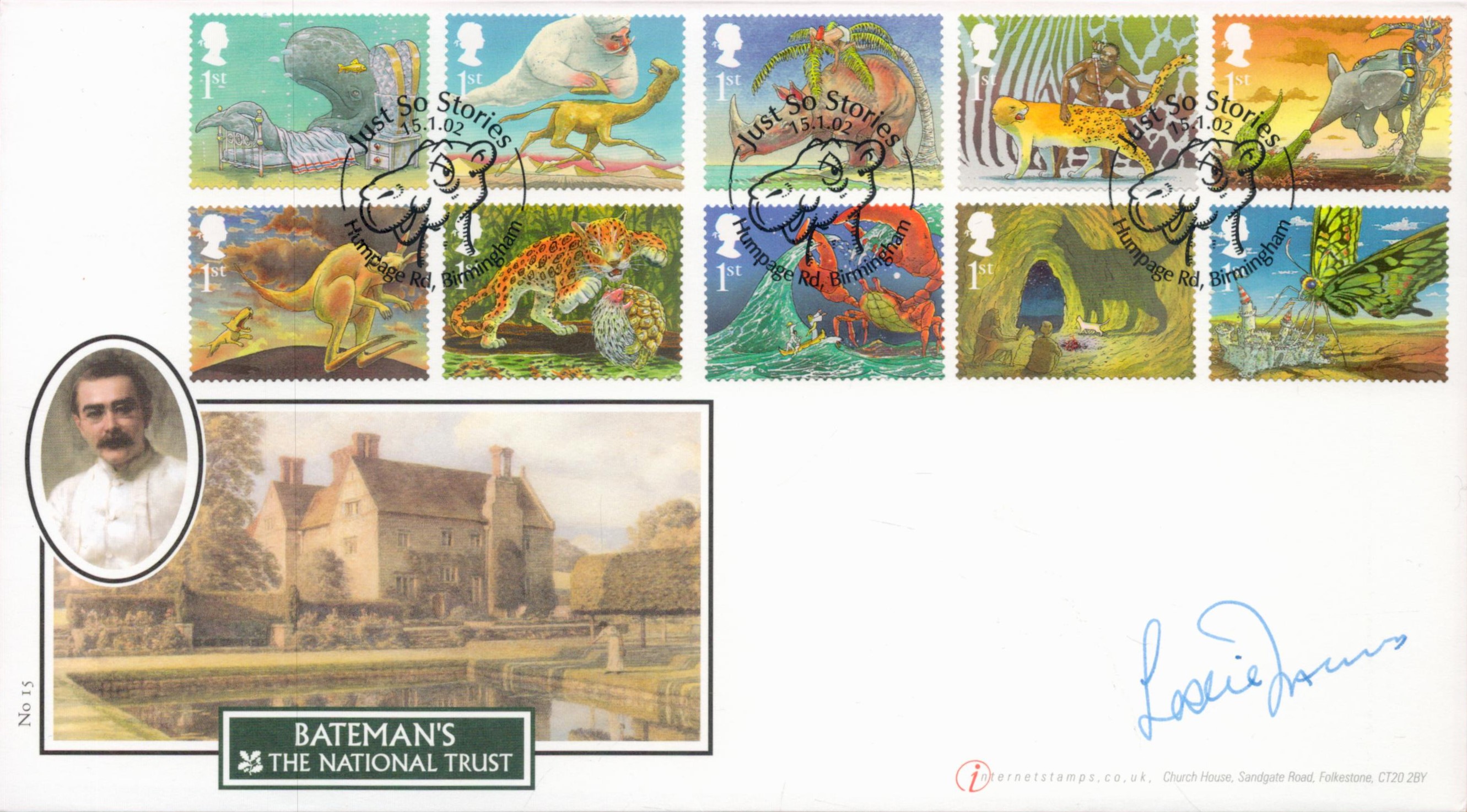 Leslie Thomas Signed Bateman's National Trust InternetStamps FDC. 10 British 1st Class Stamps with