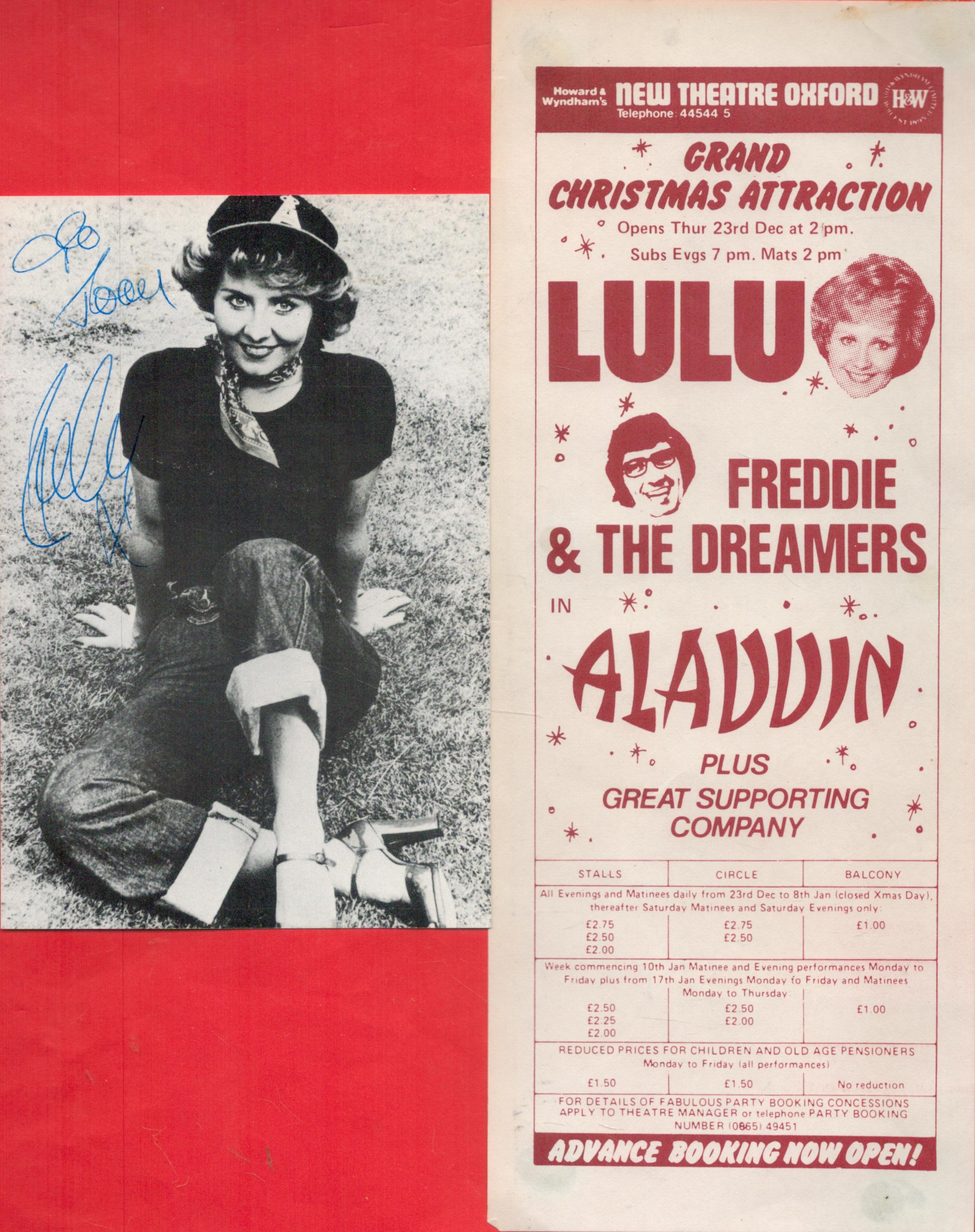 Lulu Signed 6x4 inch Black and White Personalised Promo Card With Theatre Programme Starring Lulu.