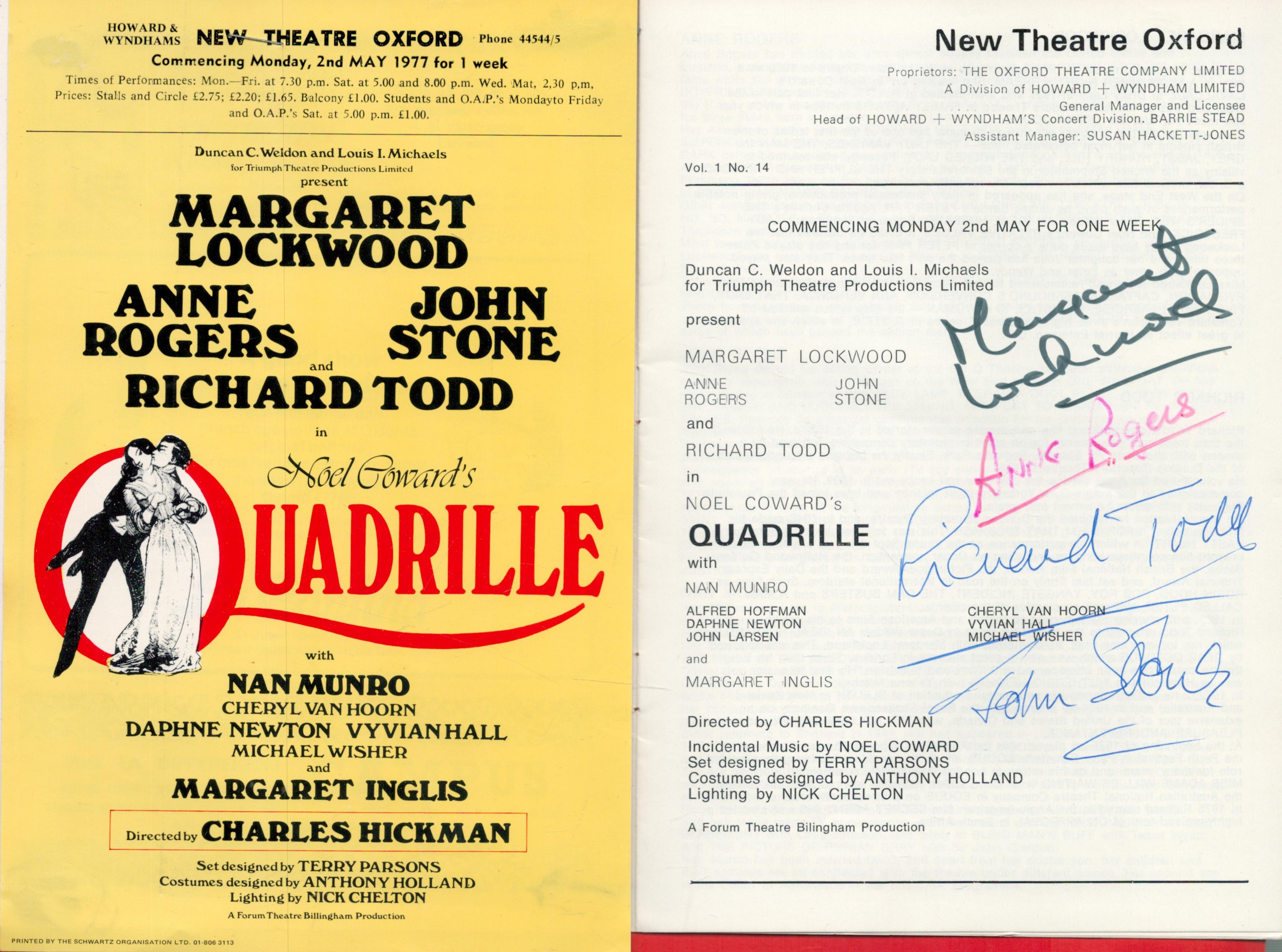 Richard Todd, Margaret Lockwood, Anne Rogers and John Stone Signed Theatre Programme from New