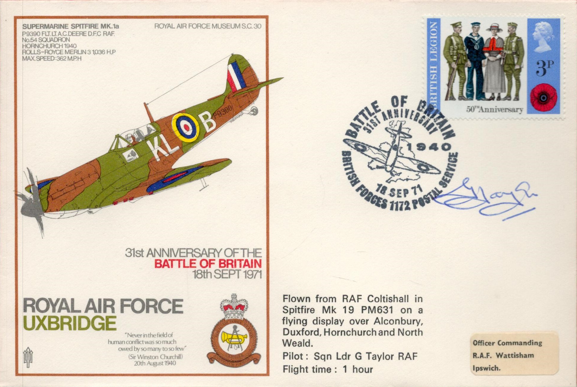 Sqn Ldr G Taylor Signed 31st Anniversary of the Battle of Britain 18th Sept 1971 FDC. British