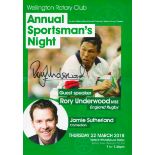 Former England Rugby Star Rory Underwood Signed Annual Sportsman's Night Menu. Signed on the front