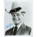 American Actor Larry Hagman Signed 10x8 inch Black and White Photo. Signed Clearly in Blue ink. Good