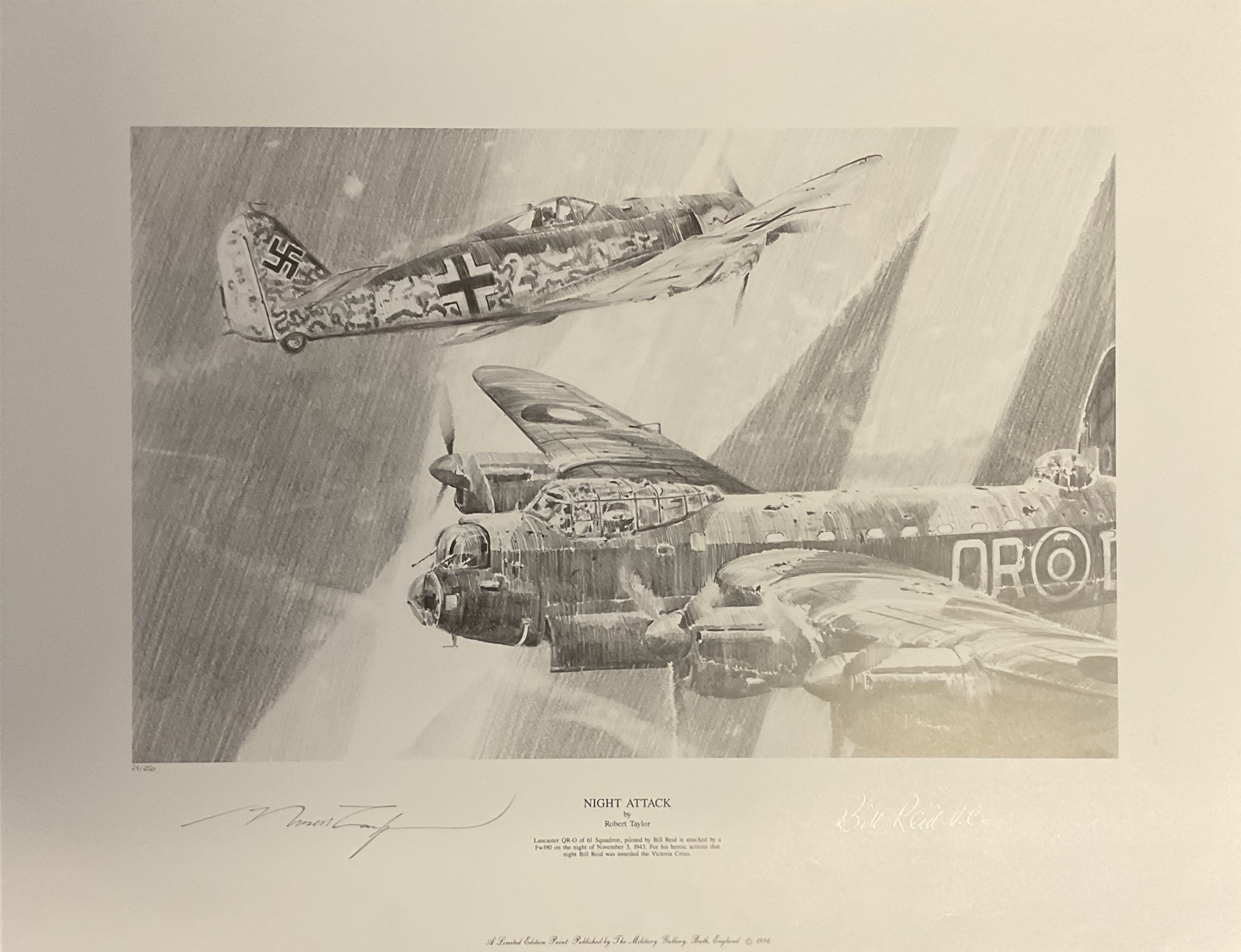 WW2 Bill Reid and Artist Robert Taylor Signed Black and White Print Titled Night Attack by Robert