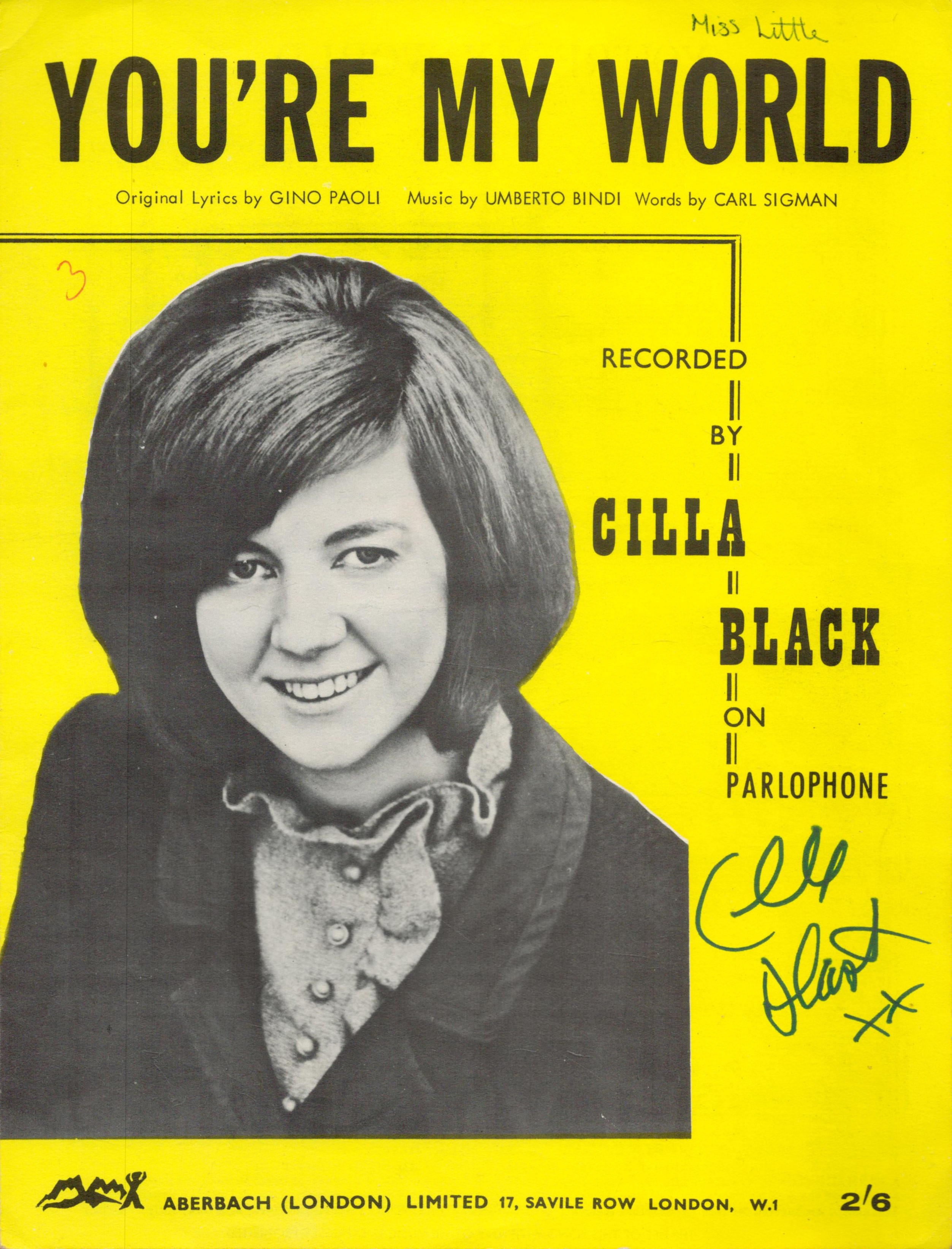 CILLA BLACK (1943-2015) Singer vintage 1963 signed 'You're My World'' Sheet Music. Good condition.