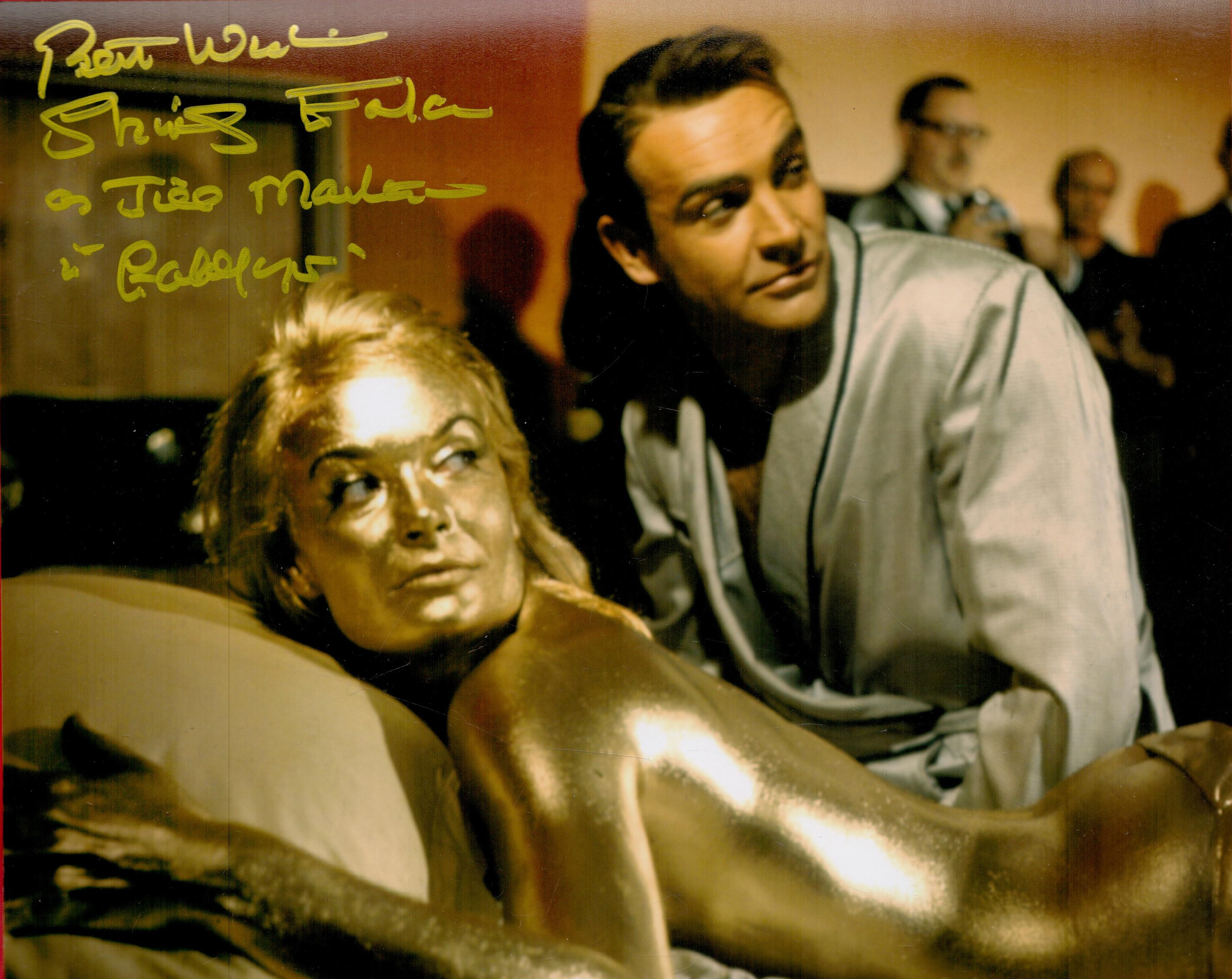 James Bond Goldfinger Shirley Eaton signed 10 x 8 inch colour photo with Sean Connery, covered in