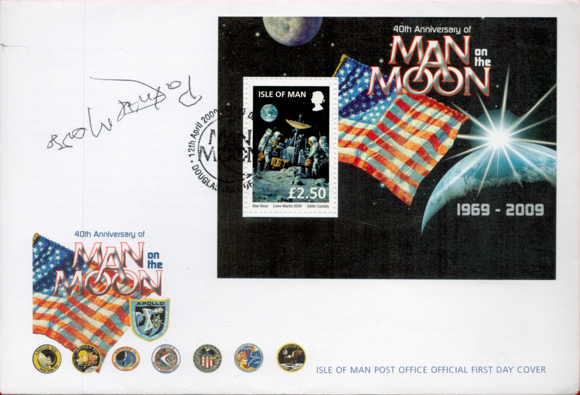 Astronomer Patrick Moore signed 2009, 40th Ann Man on the Moon Isle of Man space FDC. Good