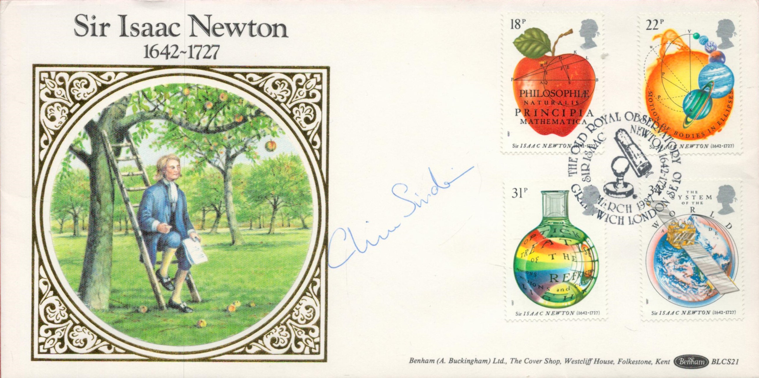 Clive Sinclair signed Sir Isaac Newton 1642-1727 Benham FDC PM The Old Royal Observatory Greenwich