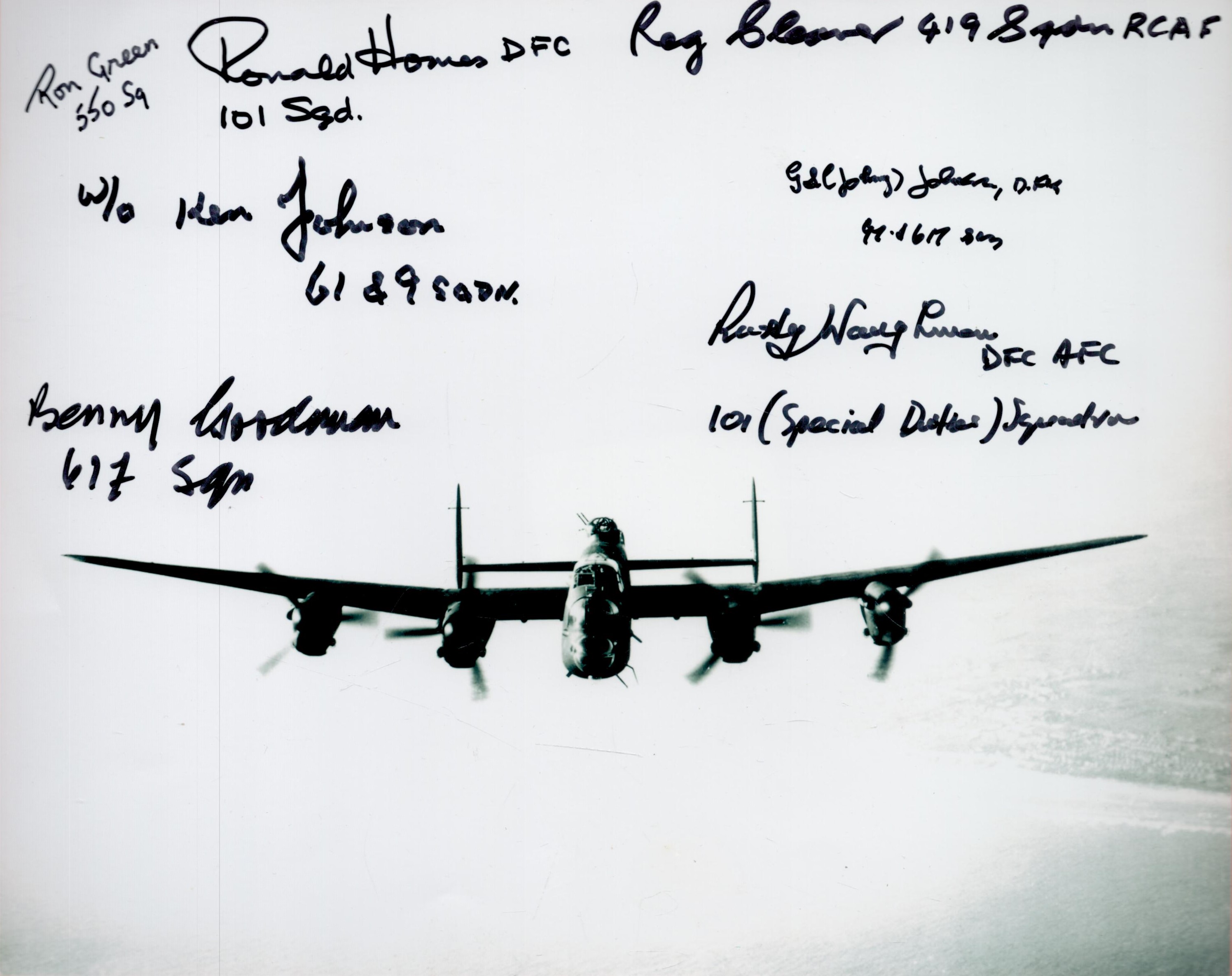 WW2 Dambuster and Tirpitz Raiders 8 multiple signed 10 x 8 inch Lancaster in Flight photo. Signed by