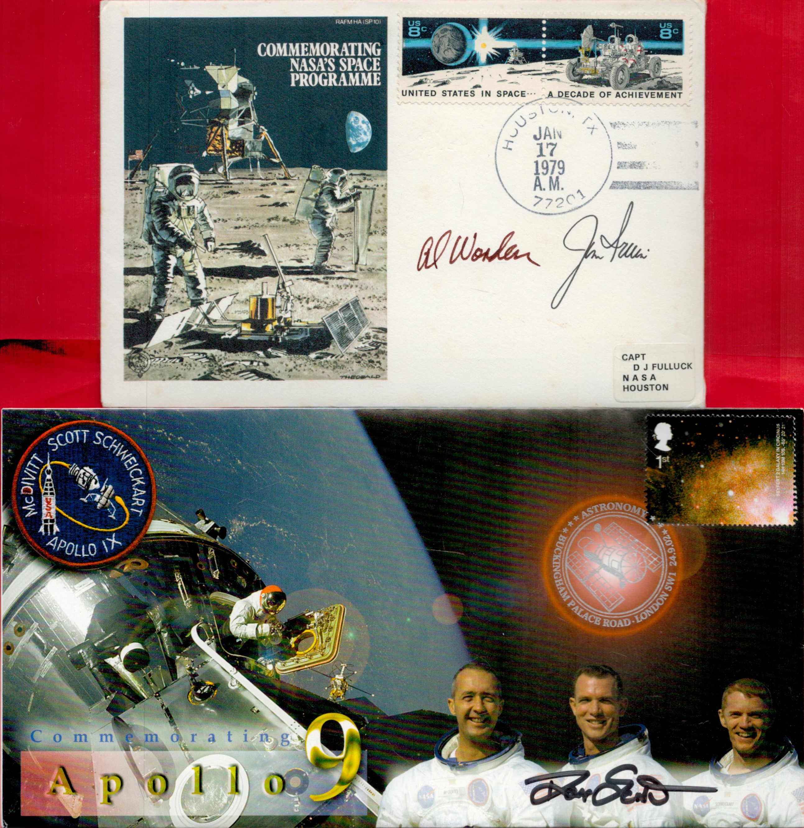 Apollo 15 Astronauts Dave Scott, Jim Irwin and Col Al Worden signed on two Space covers. Apollo
