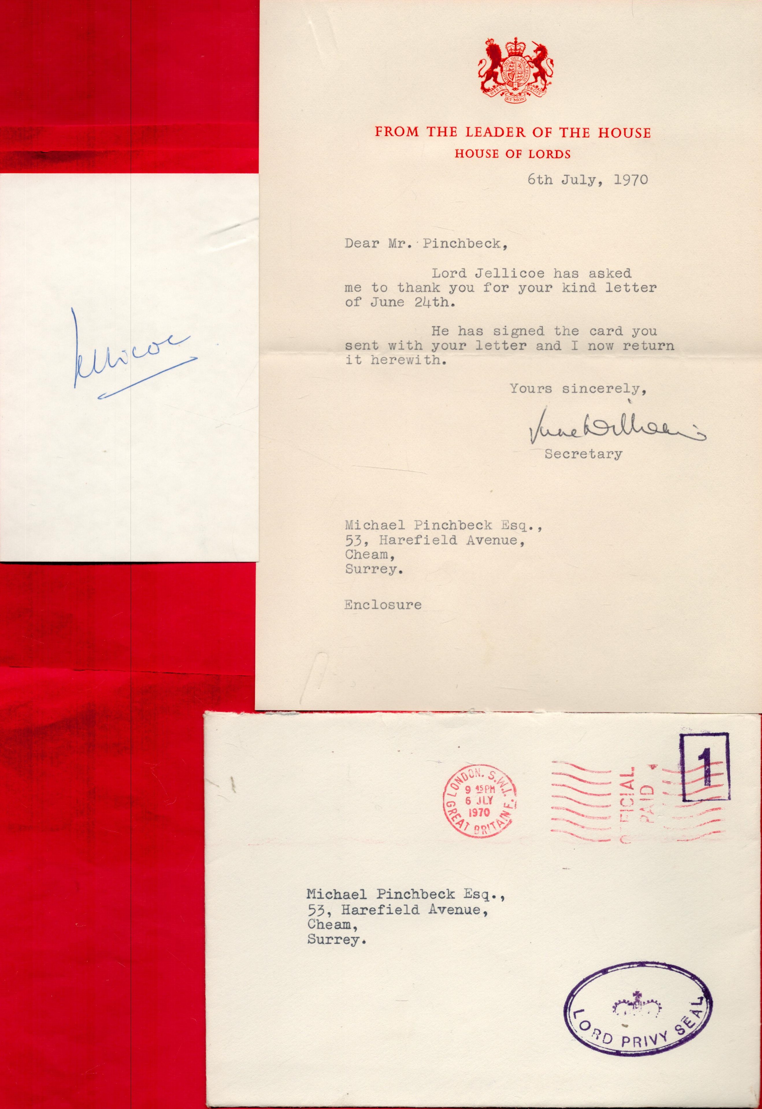 2nd Earl Jellicoe signed card with House of Lords typed letter from secretary and original mailing