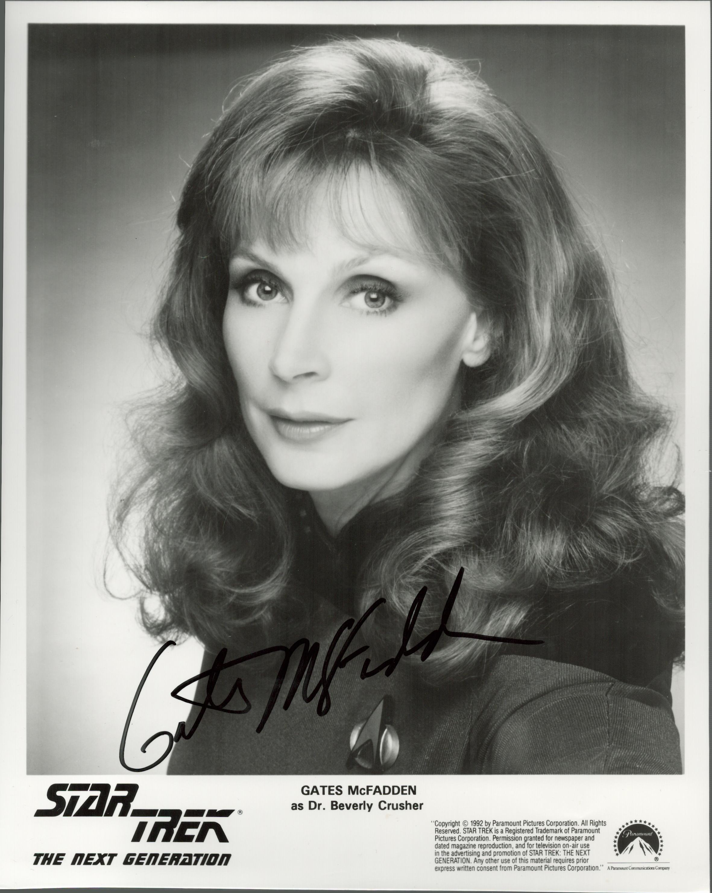 Star Trek Actor, Gates McFadden signed black and white promo photograph Signed in black marker
