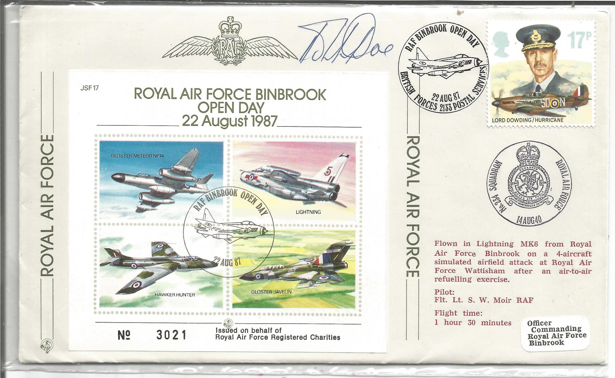 Wg Cdr Bob Doe Signed Royal Air Force Binbrook Open Day 22 August 1987 FDC. British Stamp with 14