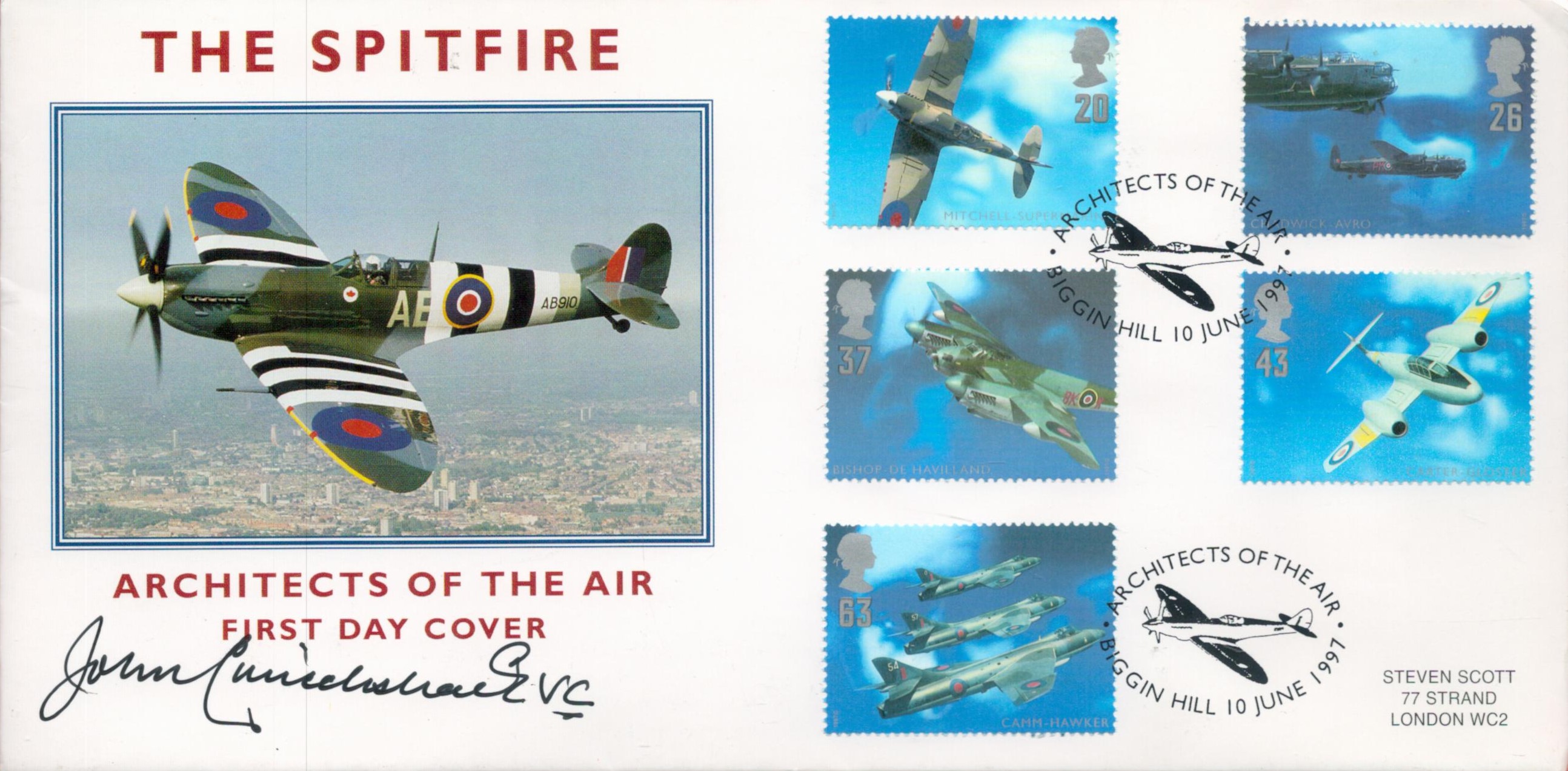 WW2 Flt Lt John Cruickshank Signed The Spitfire First Day Cover with 5 British Aviation Stamps and