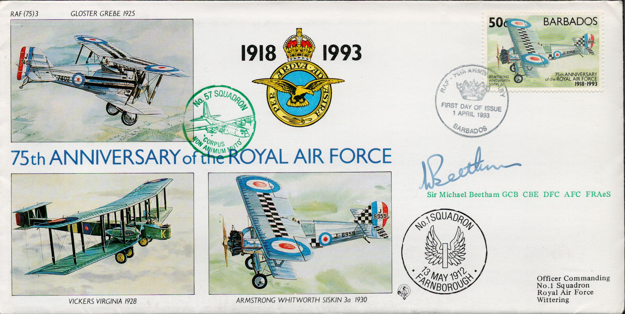 Sir Michael Beetham GCB CBE DFC AFC Signed 75th Anniversary of the RAF Flown FDC. 279 of 994