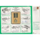 WW2 DM Medals Cover. 7 signatures including a rare signature. Flown in a Jet Provost Mk T3A.