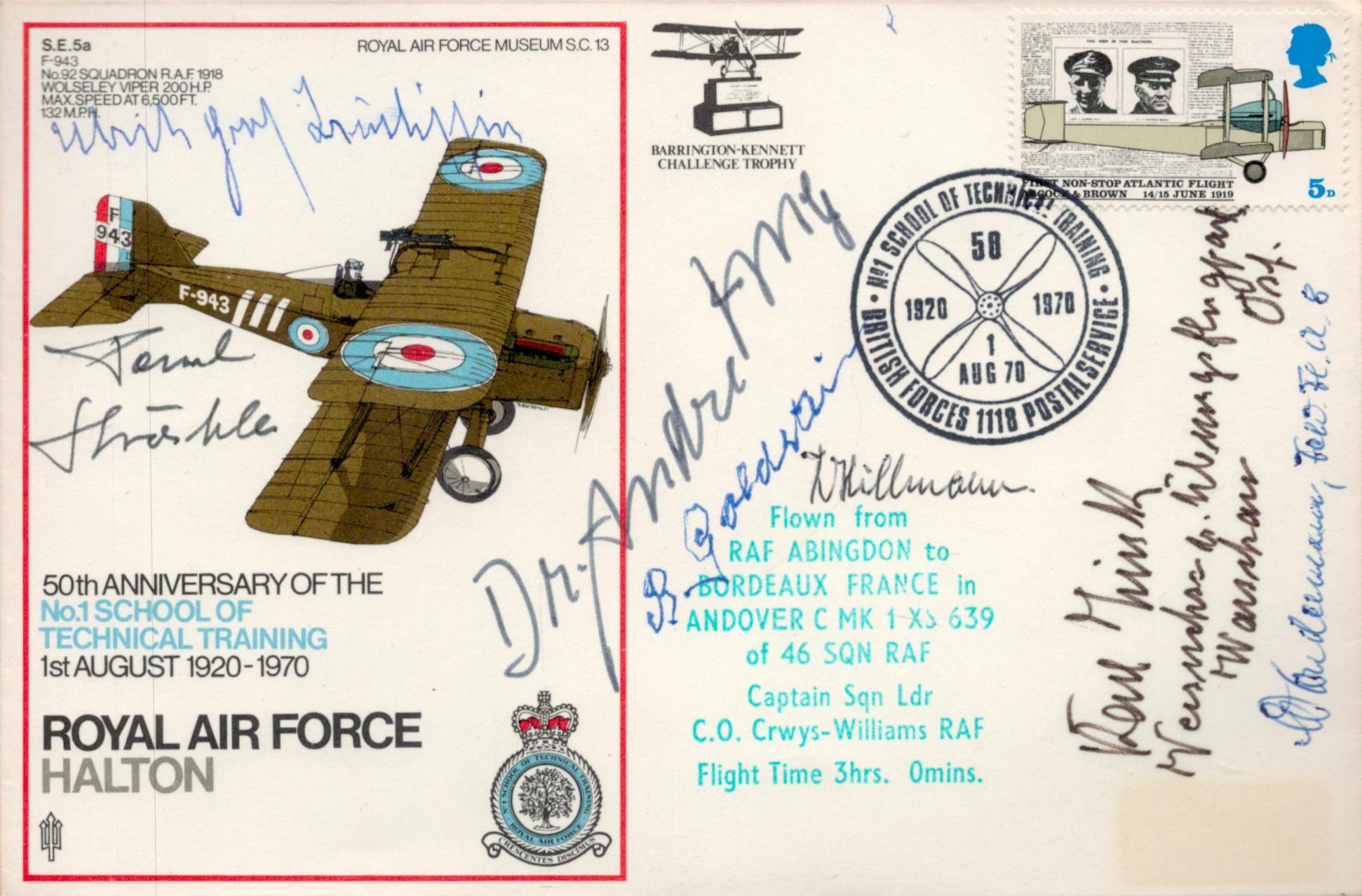 WW1 Seven German Pilots Signed on Royal Air Force Halton First Day Cover. British Stamp with 1 Aug