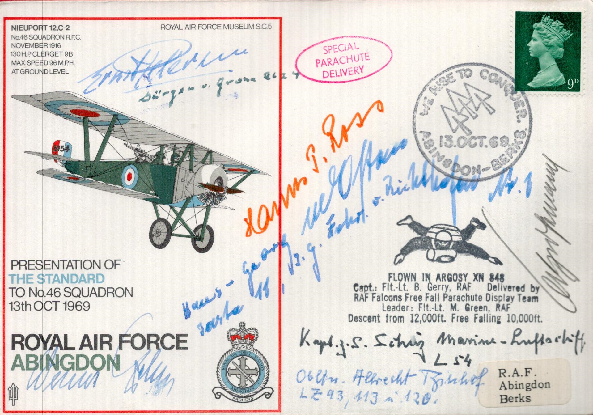 WW1 9 Zeppelin Crew Signed Presentation of the Standard to No.46 Squadron 13th Oct 1969 FDC. British