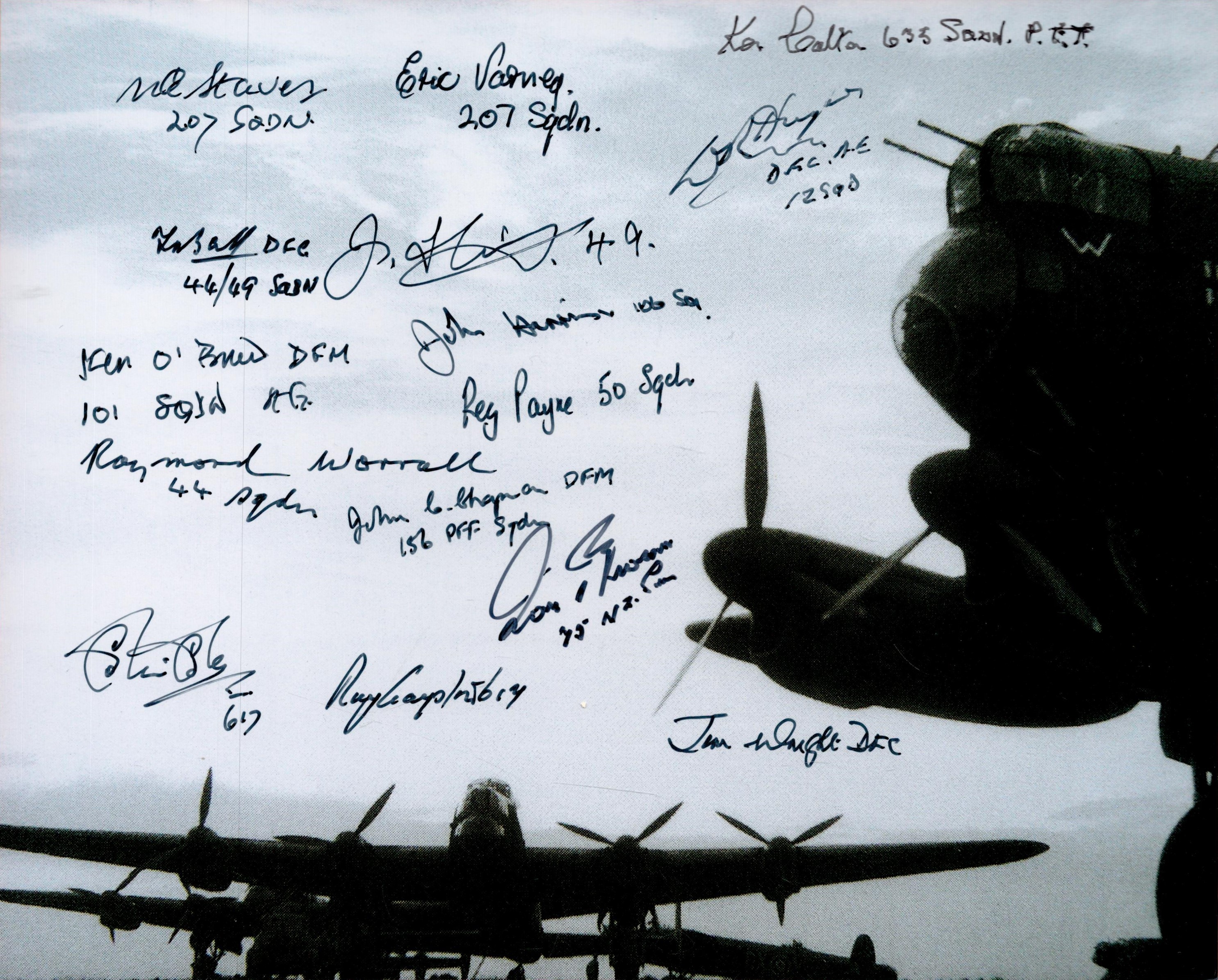 World War II Lancaster multi signed 10x8 black and white photo includes 15 Bomber command veterans