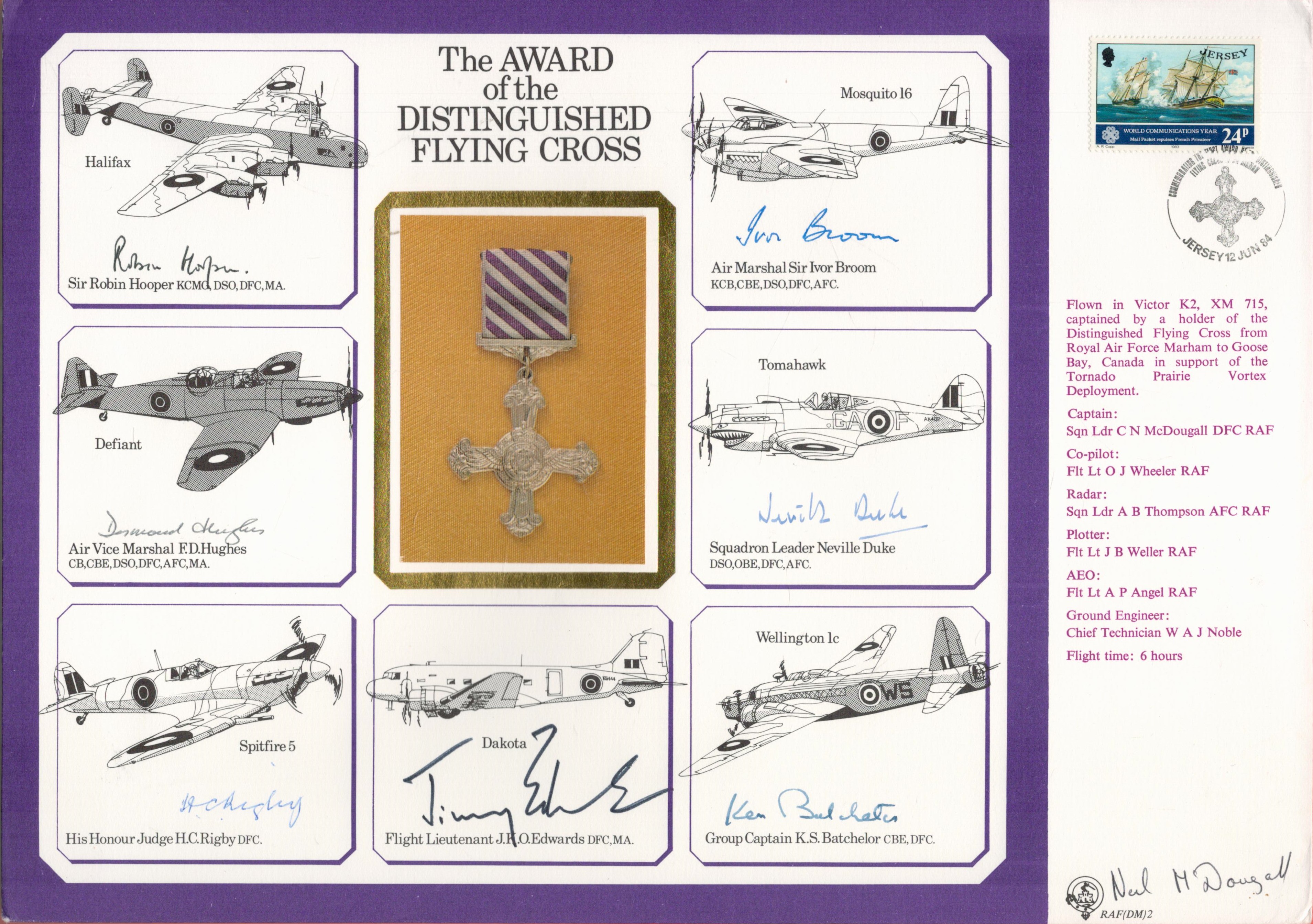 WW2 multisigned cover. Award of the Distinguished Flying Cross signed by Sir Robin Hooper, Desmond