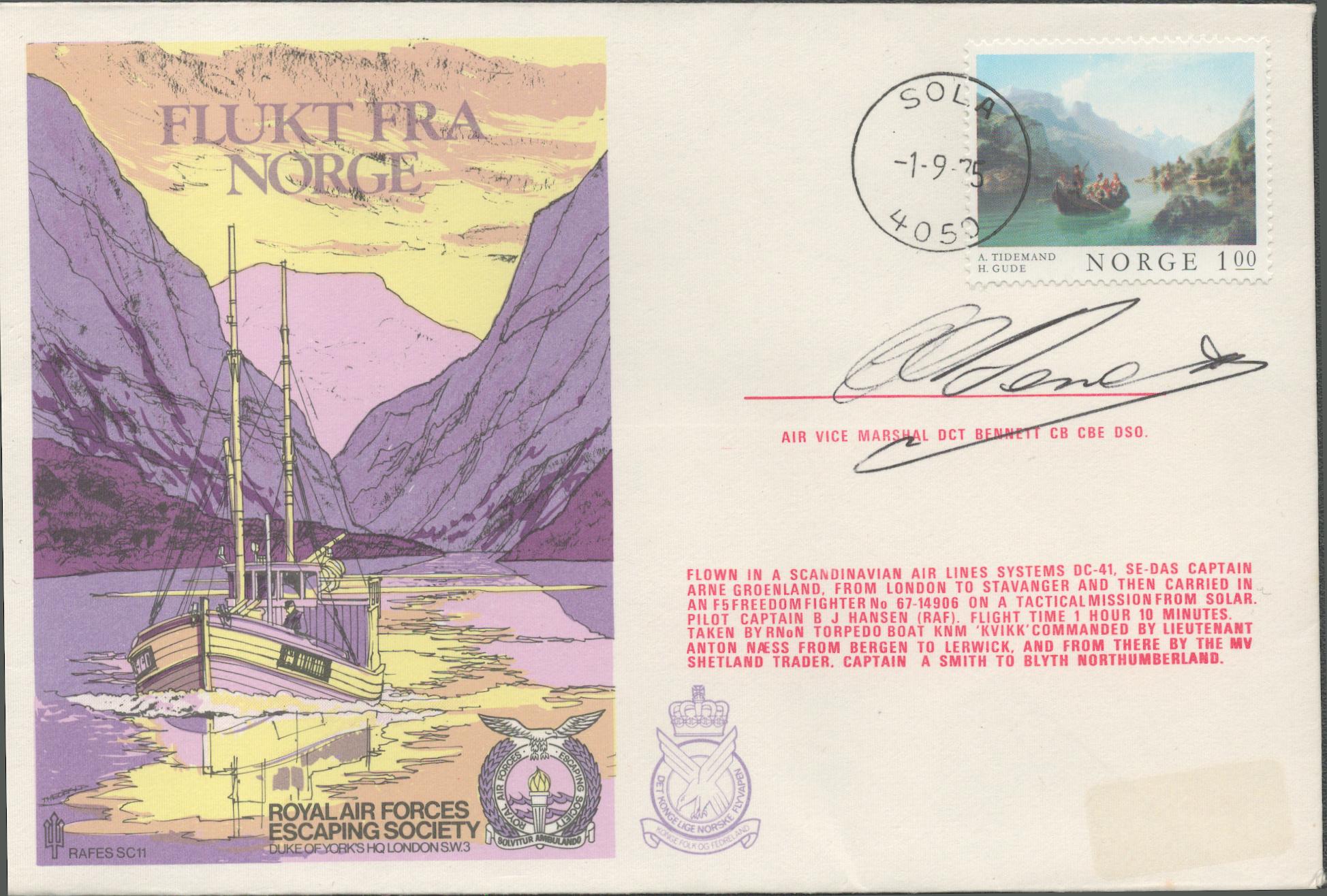 WW2 RAF AVM Don Bennett Signed Flukt Fra Norge RAFES FDC. 211 of 980 Covers Issued. Norge Stamp with