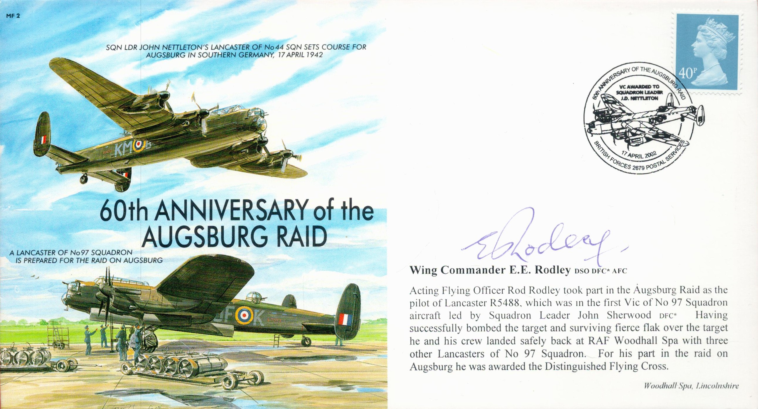 WW2 Wg Cdr EE Rodley DSO DFC AFC Signed 60th anniversary of the Augsburg Raid MF2 FDC. British stamp