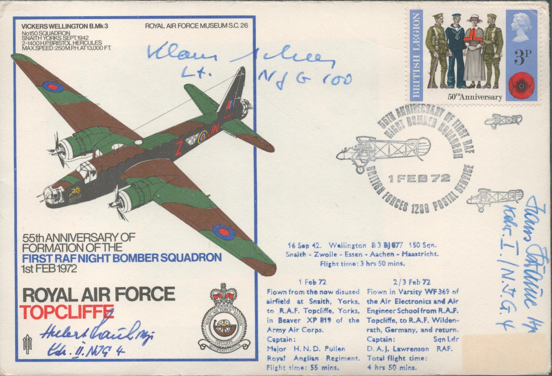 WW2 Luftwaffe Hans Rossbach multi signed cover. No 41 Royal Air Force Topcliffe multi signed flown