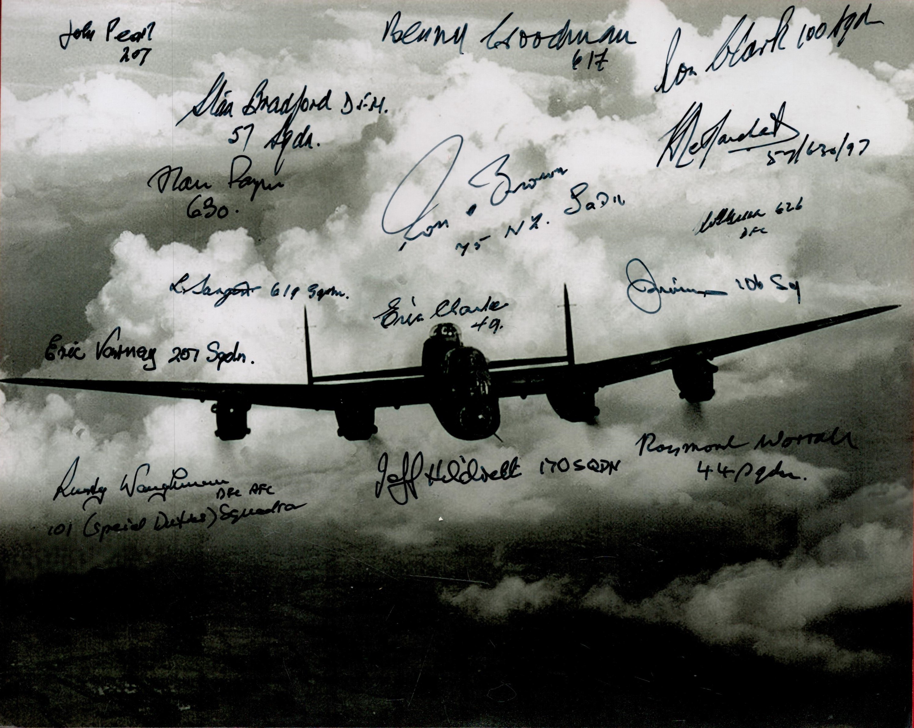 WW2 15 Bomber Command Veterans Signed 10x8 Black and White Photo Showing Lancaster Bomber.