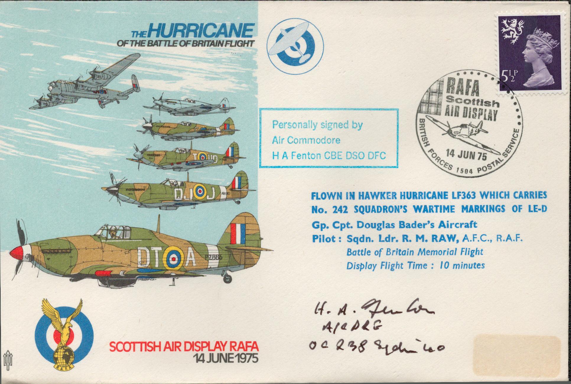 Air Cdre HA Fenton Signed Hurricane- The Battle of Britain Flight. Flown in a Hawker Hurricane. 6 of