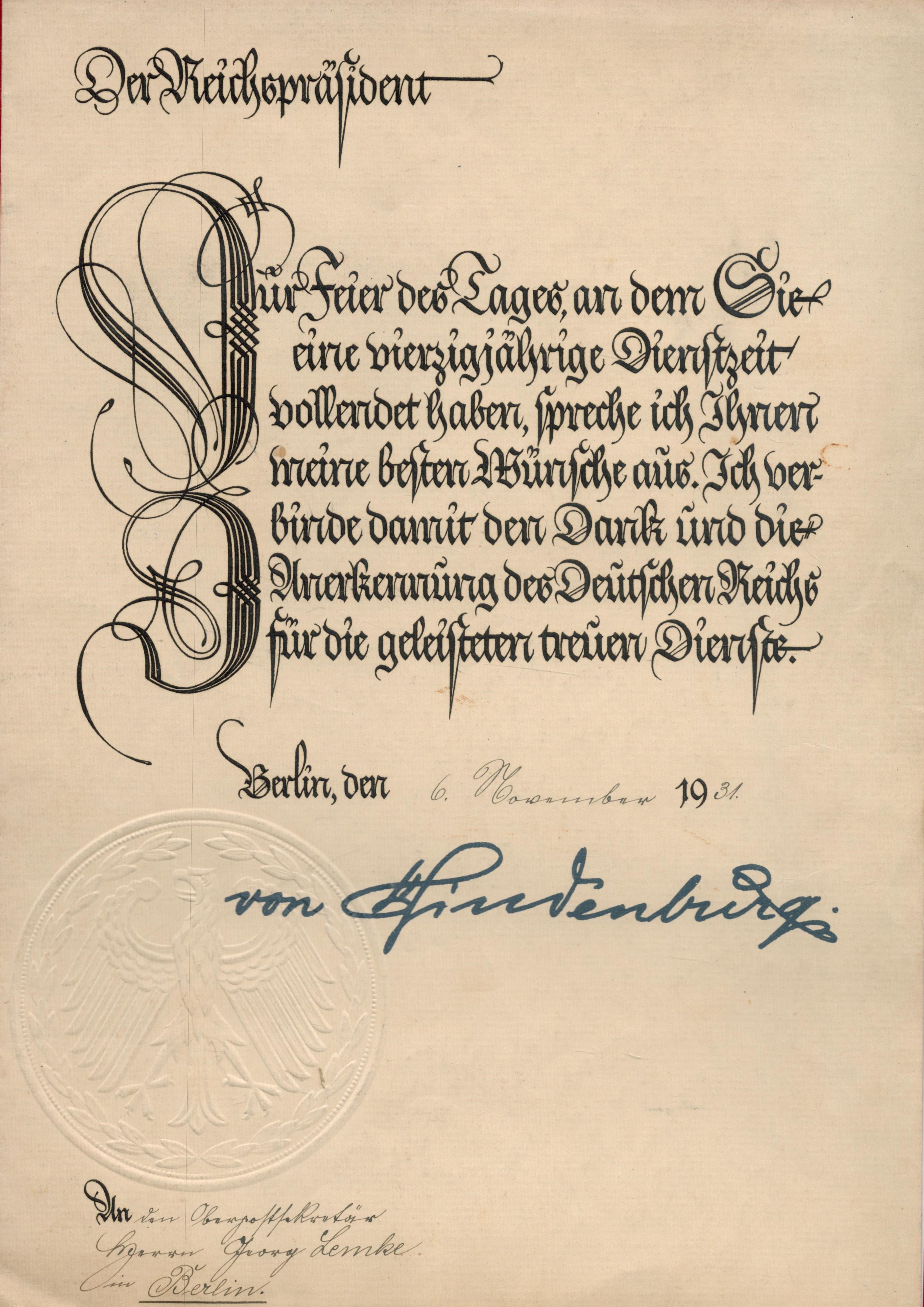 German WW2 General Paul von Hindenburg Printed Signature on Official Nazi Document, With Date 6