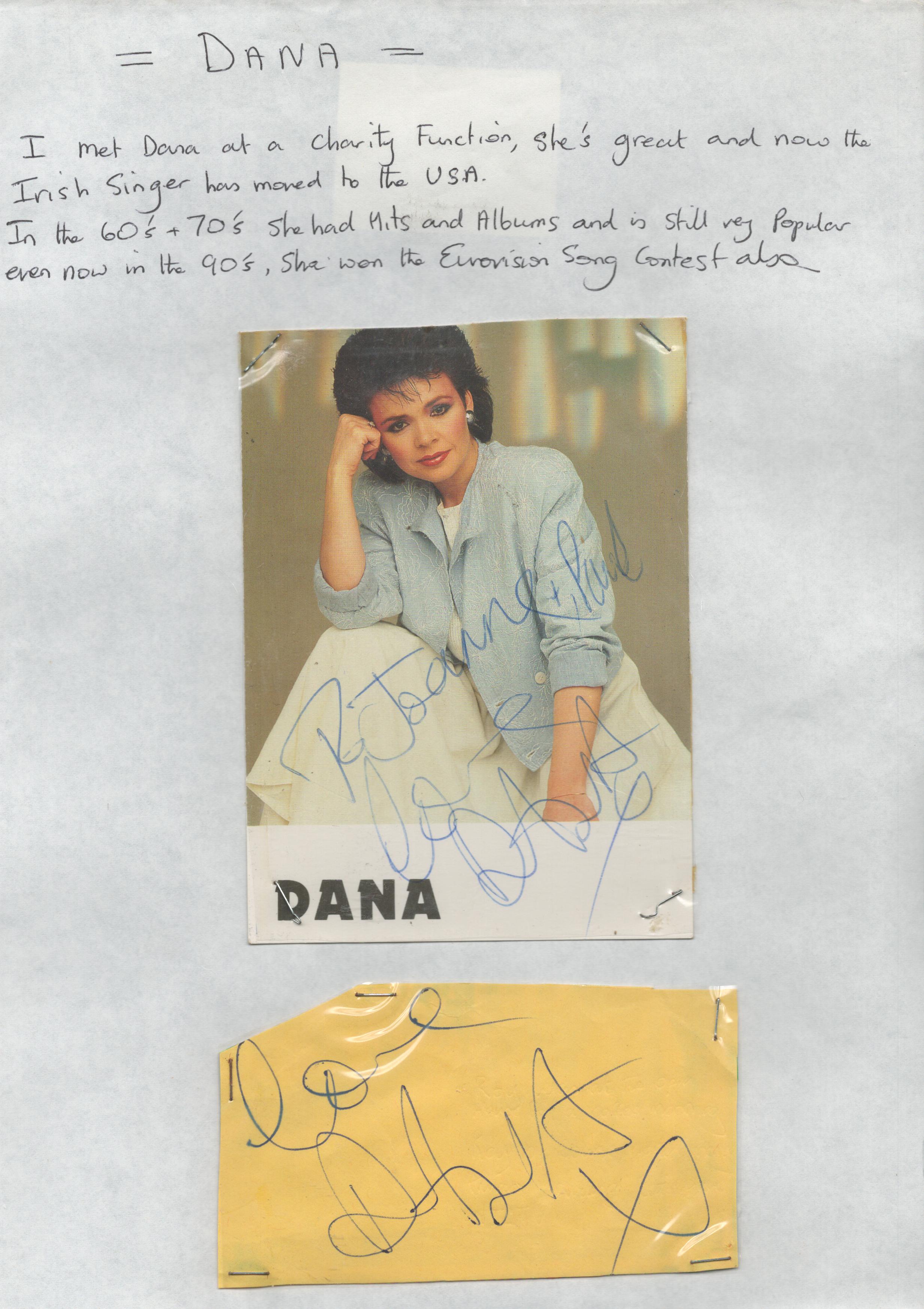 Dana Signed Signature Piece on A4 Sheet. Includes Signed Photo and Album Page. Dana is an Irish