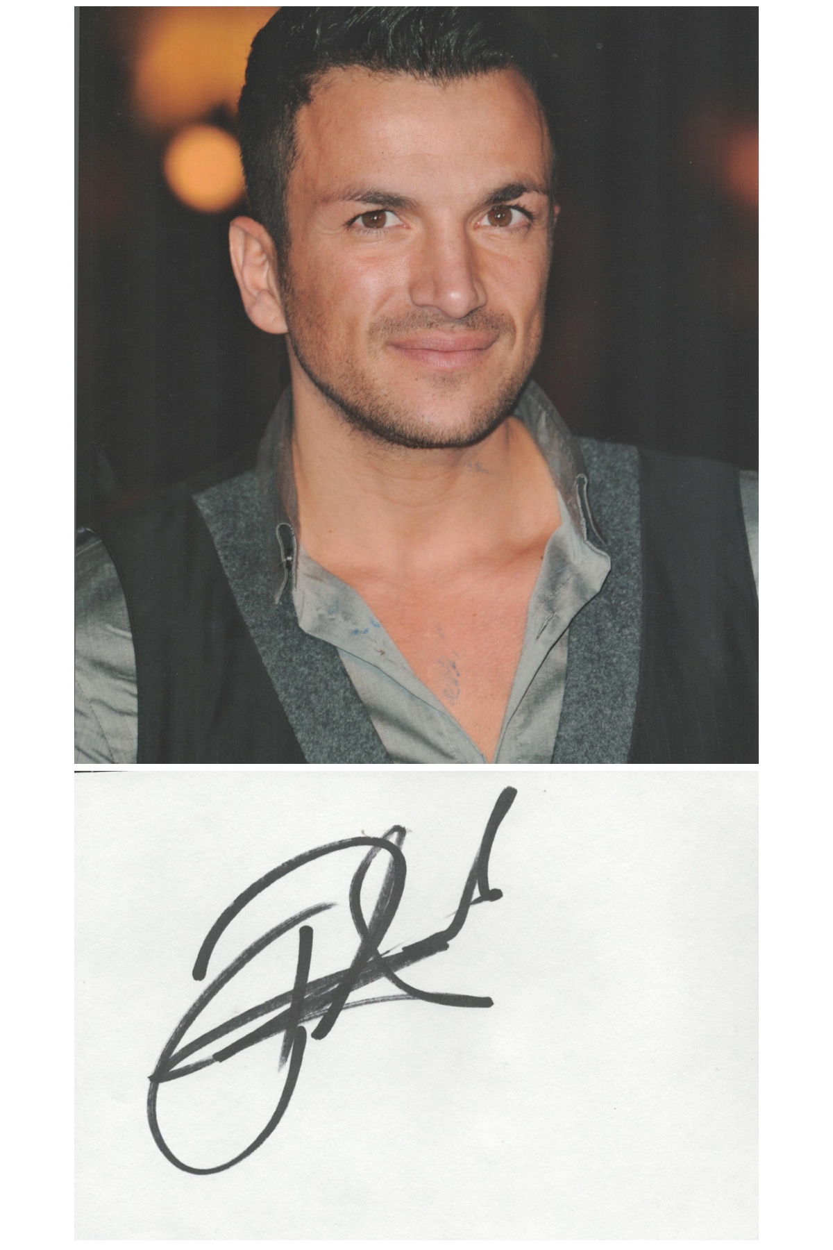 Peter Andre signature piece featuring a 10x8 colour photograph and a signed white card. Andre gained