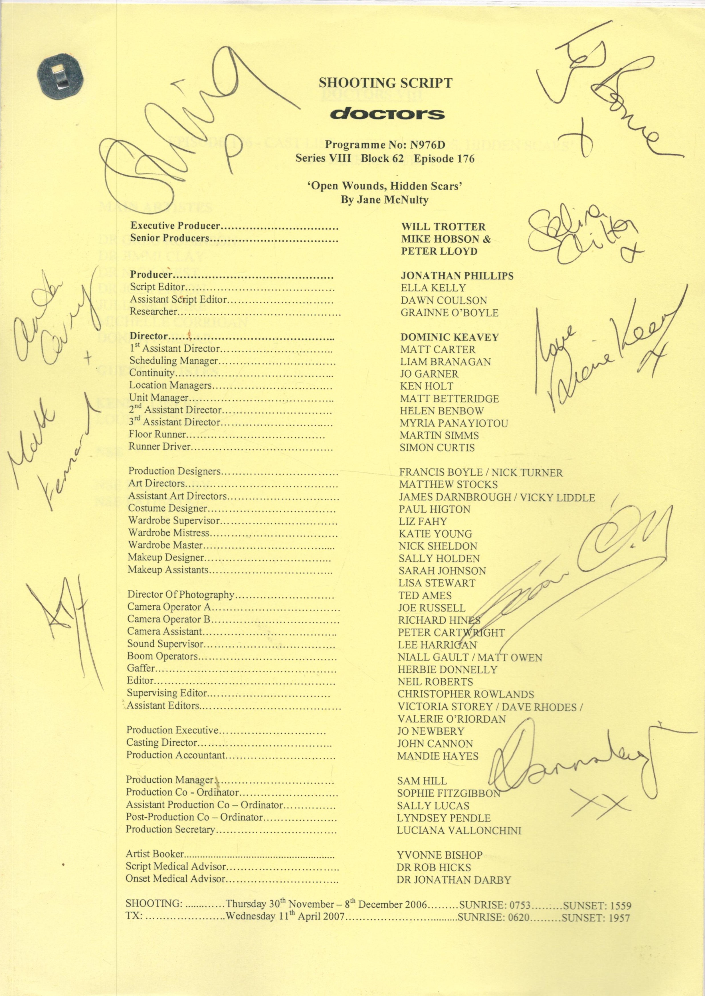 Shooting Script for Doctors signed by 9 cast members. Programme No: N976D Series VIII Episode 176.