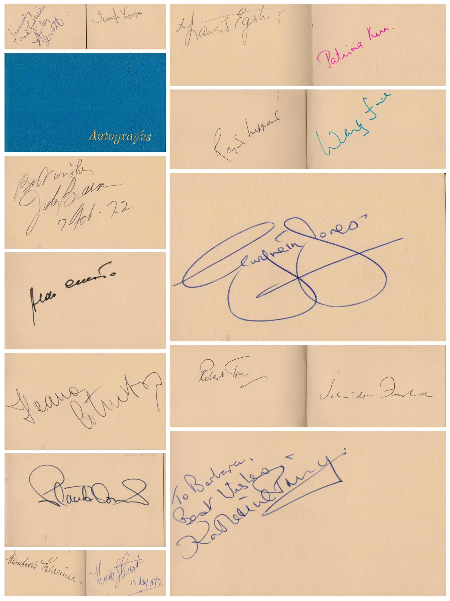 Opera blue autograph book. Signatures from Rita Hunter, Emile Belcourt, Anne Pashley, Heather