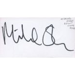 Michael Sheen signed 2x4 white card. Sheen is a Welsh actor, television producer and political