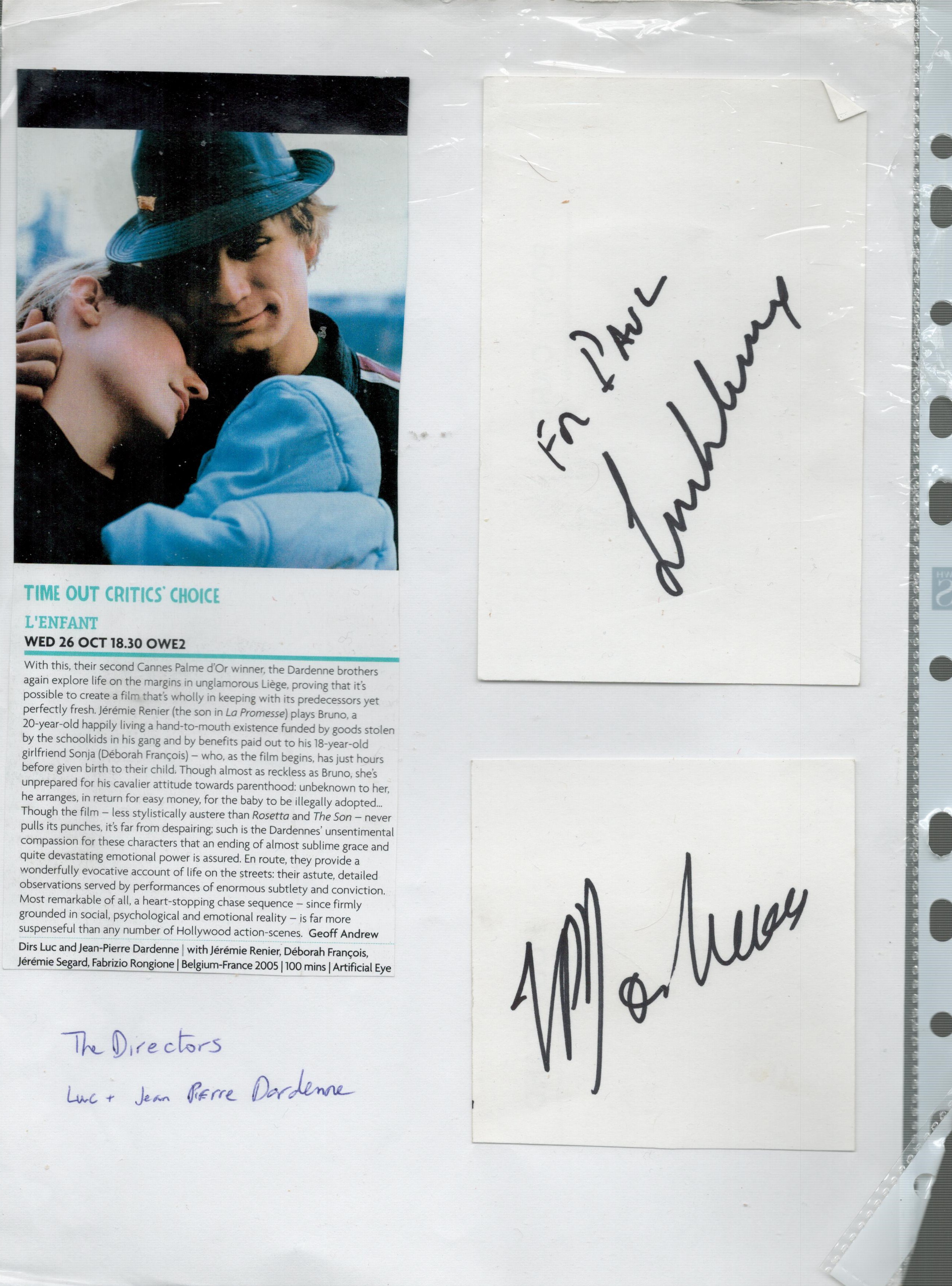 Directors Dirs Luc and Jean-Pierre Dardenne signed album pages on backing paper. All autographs come