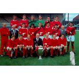 Manchester United multi signed 12x8 colour team photo. Signatures from David Sadler, Tony Dunne,