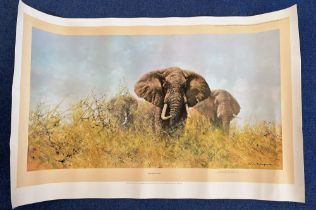 David Shepherd OBE Hand signed 38x24 Colour Print Titled 'Three Happy Jumbos'. Hand signed in