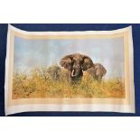 David Shepherd OBE Hand signed 38x24 Colour Print Titled 'Three Happy Jumbos'. Hand signed in