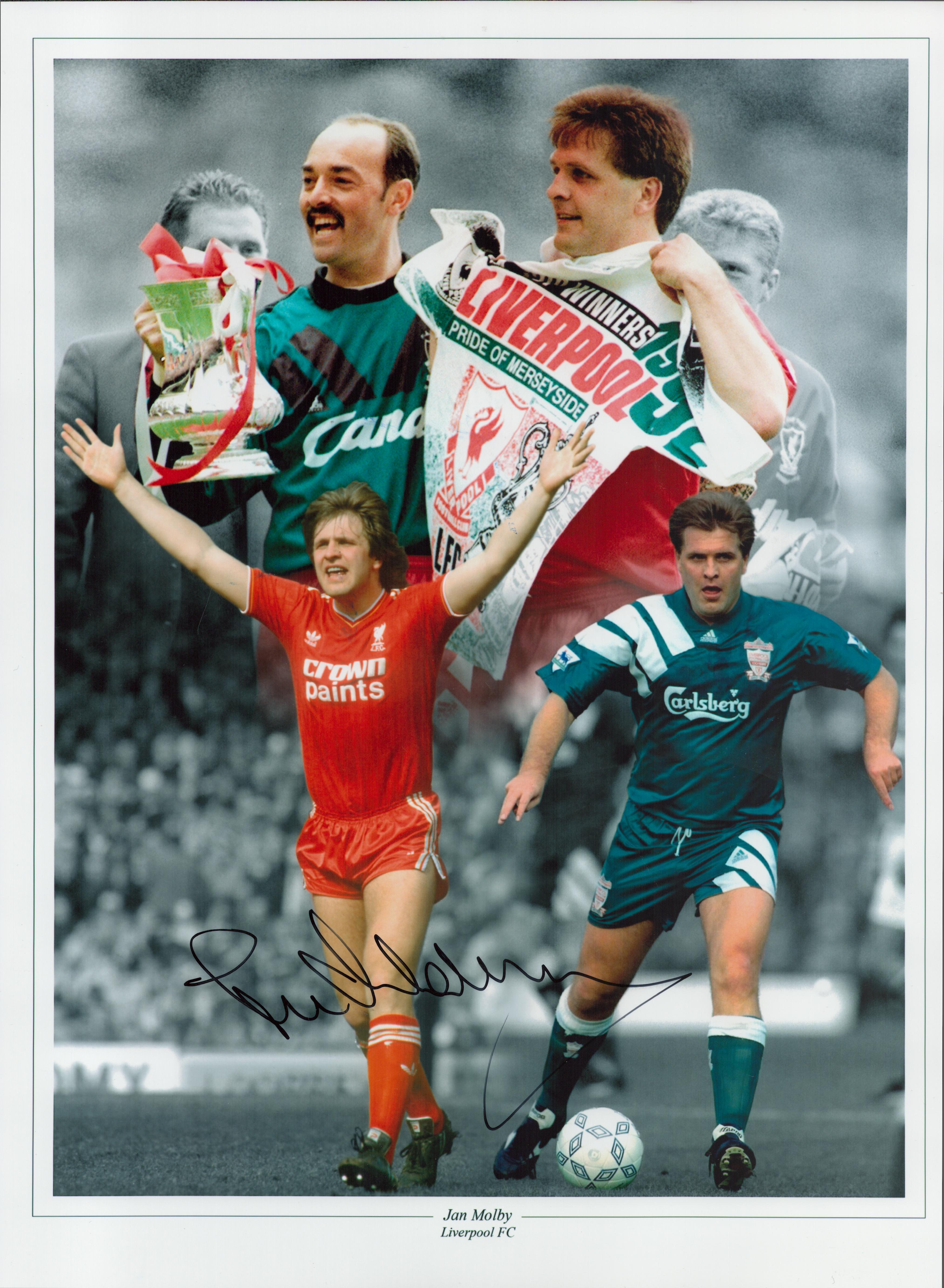 Football Jan Molby signed 16x12 Liverpool colour montage print. Good condition. All autographs