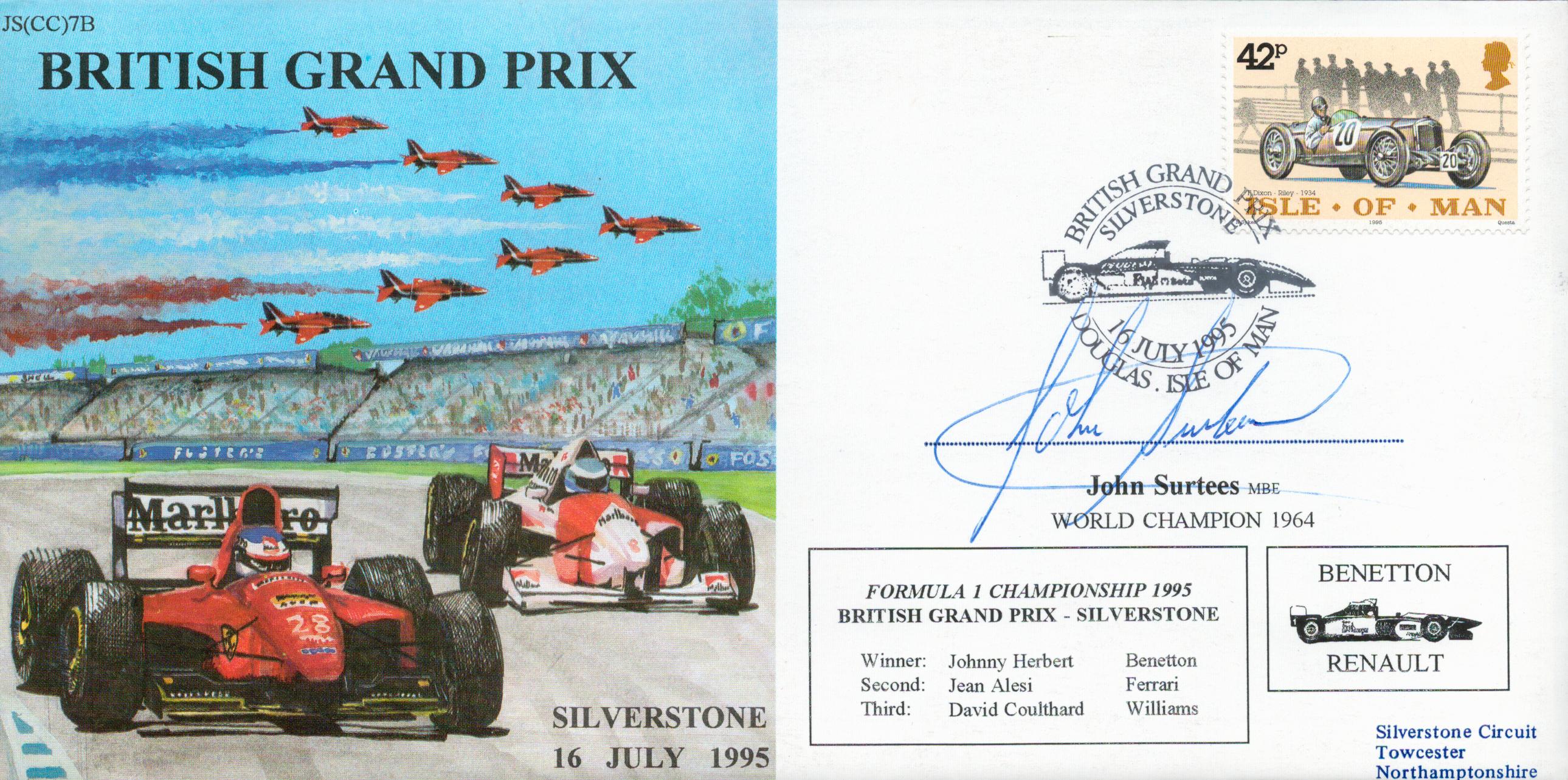 F1 John Surtees signed 1995 British Grand Prix cover. Good condition. All autographs come with a