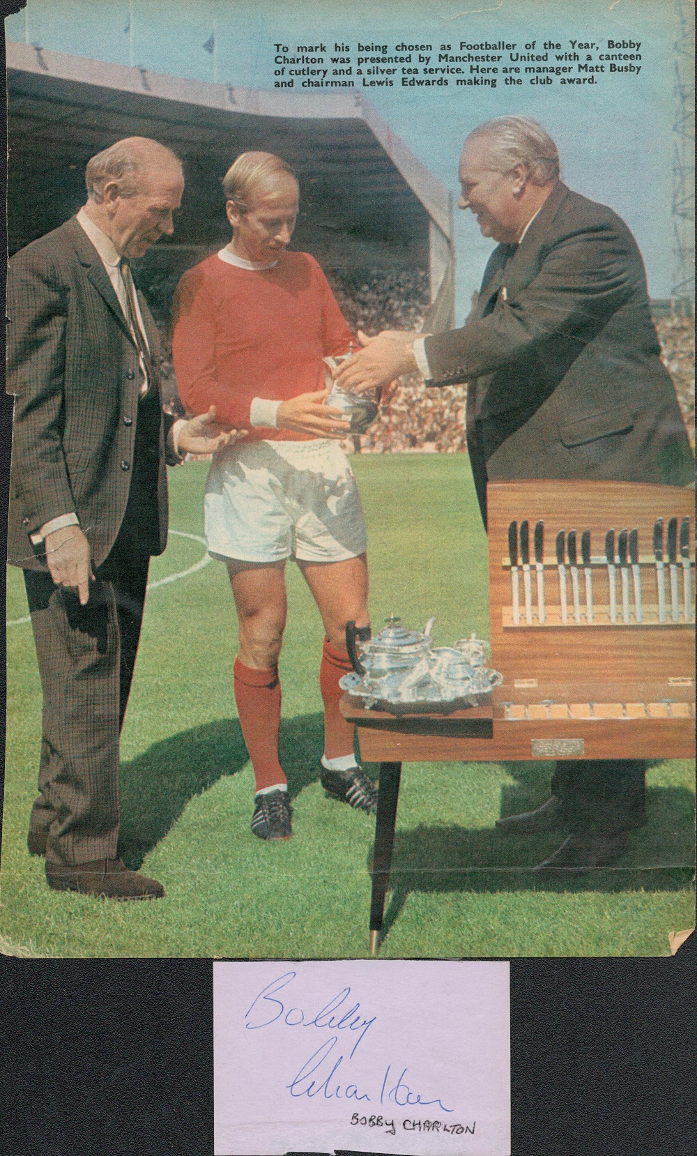 Football Bobby Charlton signed piece with A4 page being presented with Footballer of the Year award.