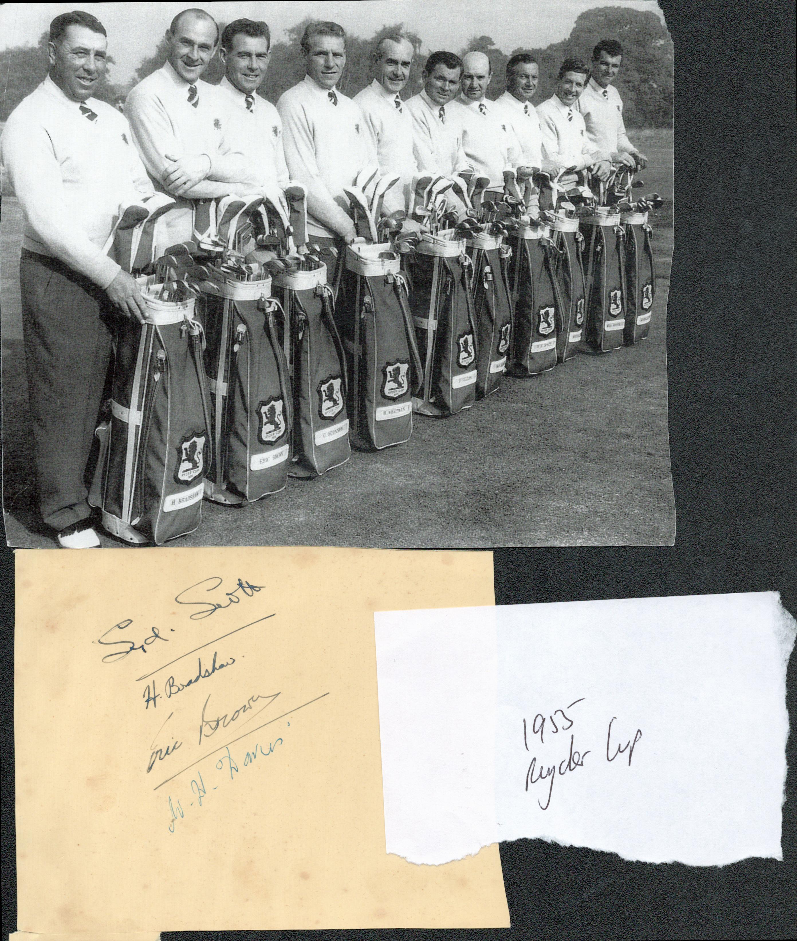 Golf 1955 Ryder Cup players Harry Bradshaw, Syd Scott and Eric Brown signed autograph album page,
