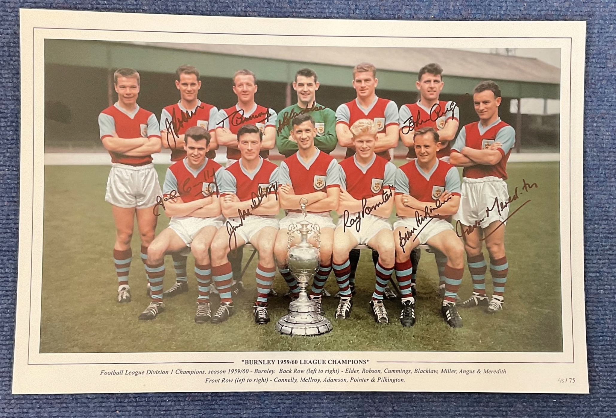 Football. Multi Signed Burnley 1959/60 League Champions 18x12 colour photo. Signed by Robson,