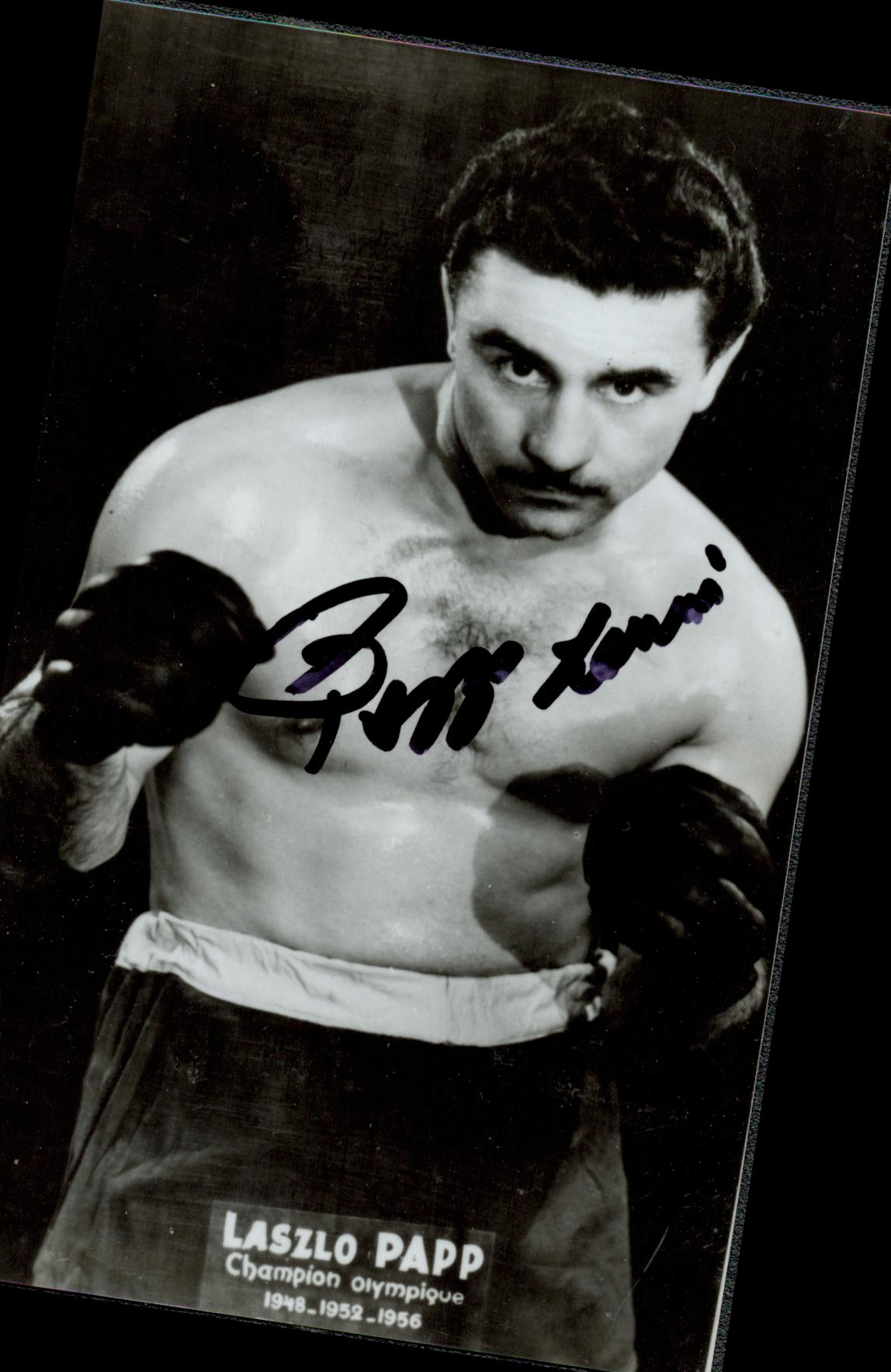Boxer Laszlo Papp signed 6 x 4 b/w boxing pose photo. Good condition. All autographs come with a