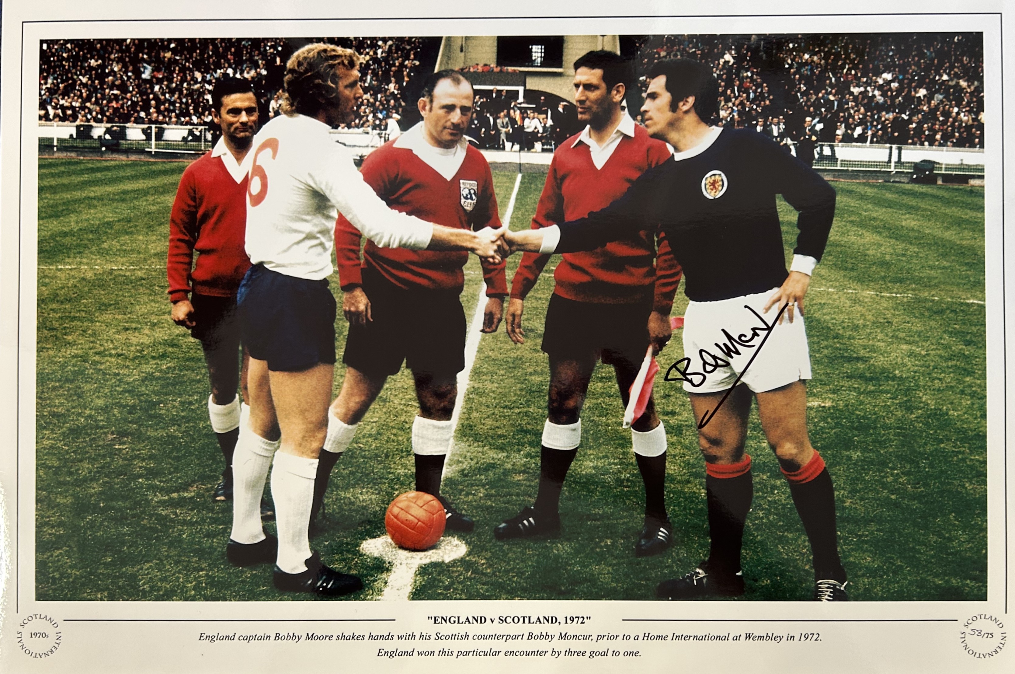 Football Bobby Moncur signed 16x12 England v Scotland 1972 colour print pictured shaking hands